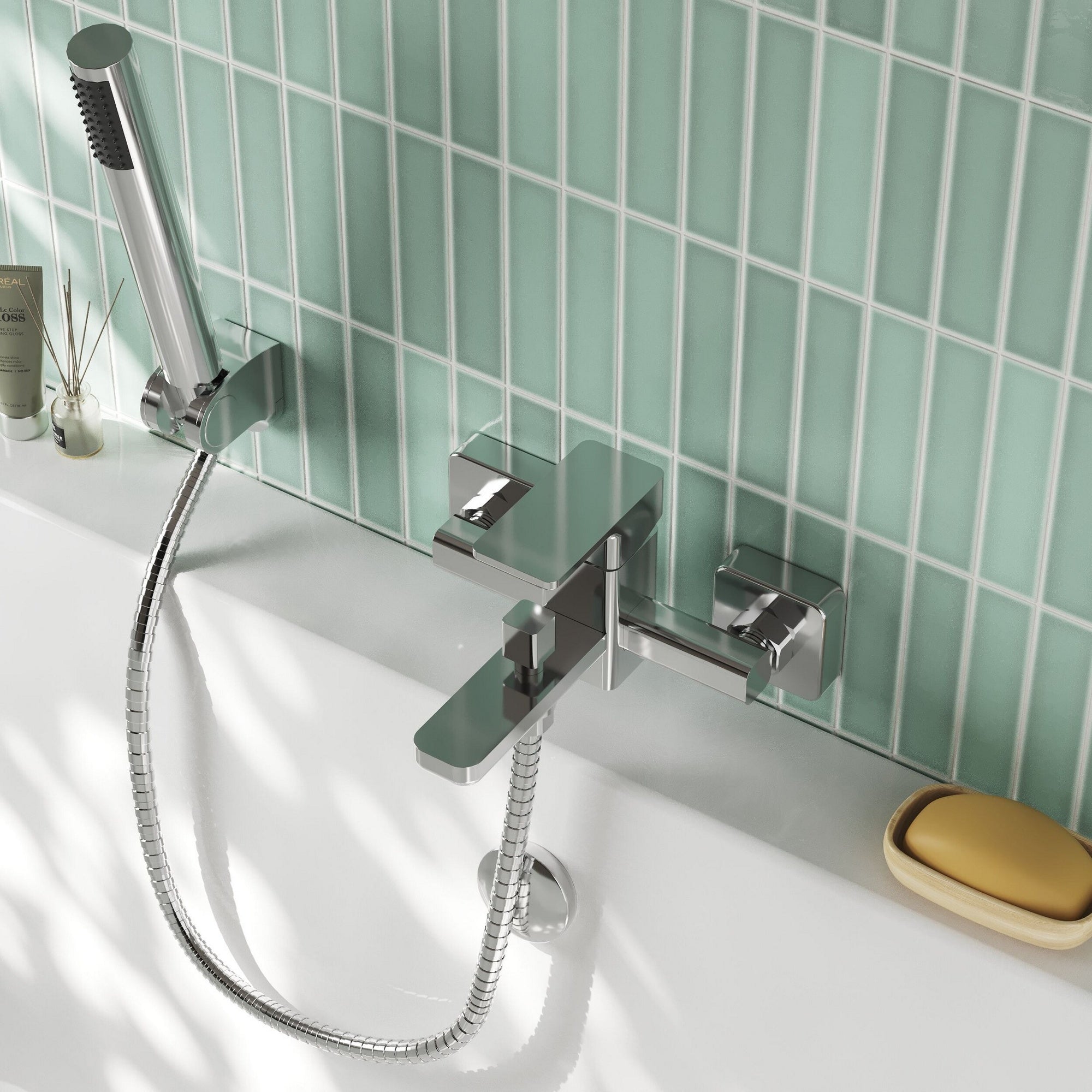 Elowen Contemporary Chrome Wall Mounted Bath Shower Mixer Lever 2 Hole