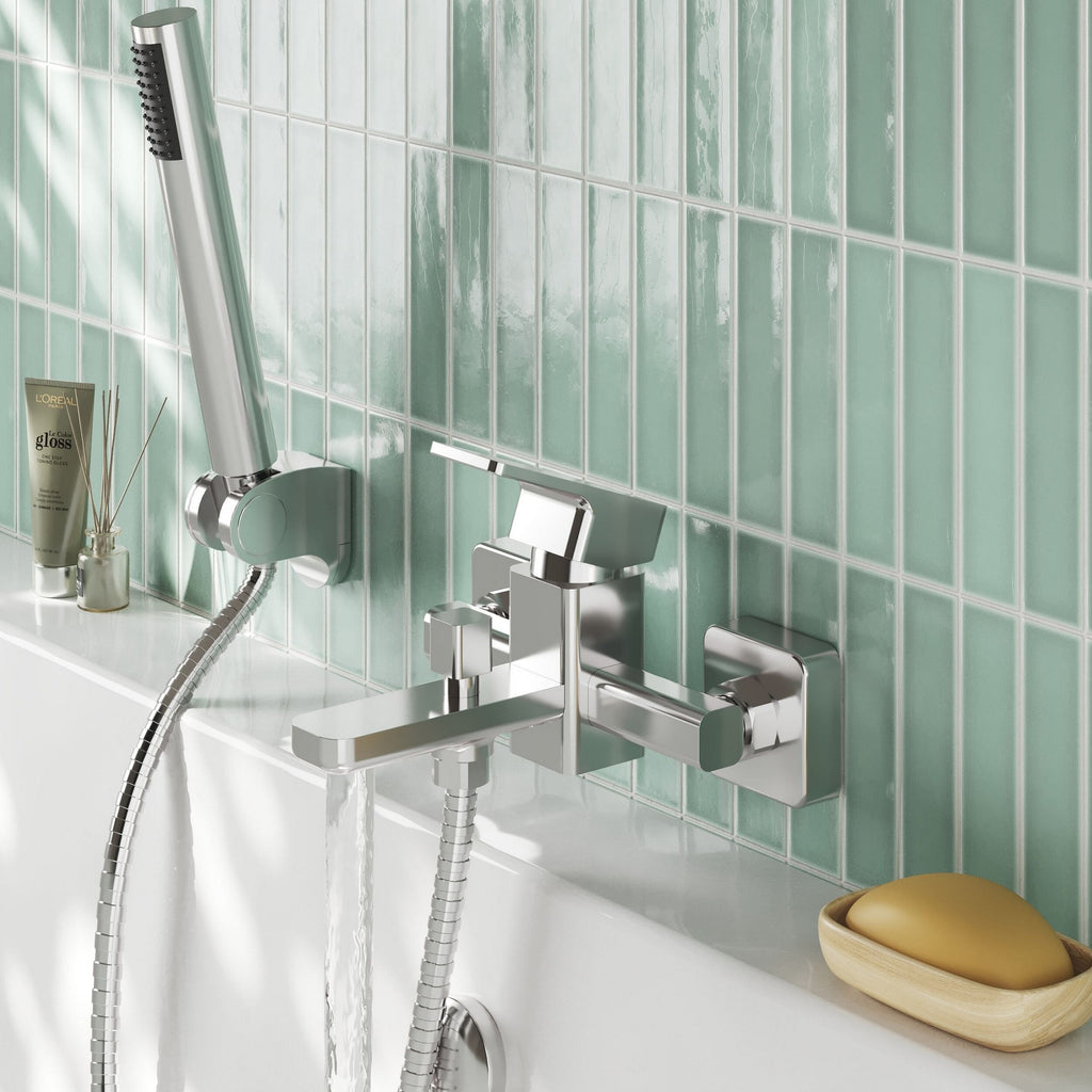 Elowen Contemporary Chrome Wall Mounted Bath Shower Mixer Lever 2 Hole
