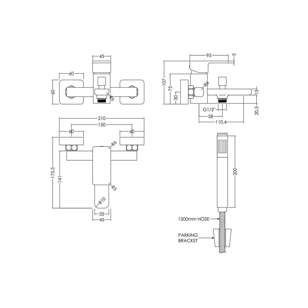 Elowen Contemporary Chrome Wall Mounted Bath Shower Mixer Lever 2 Hole