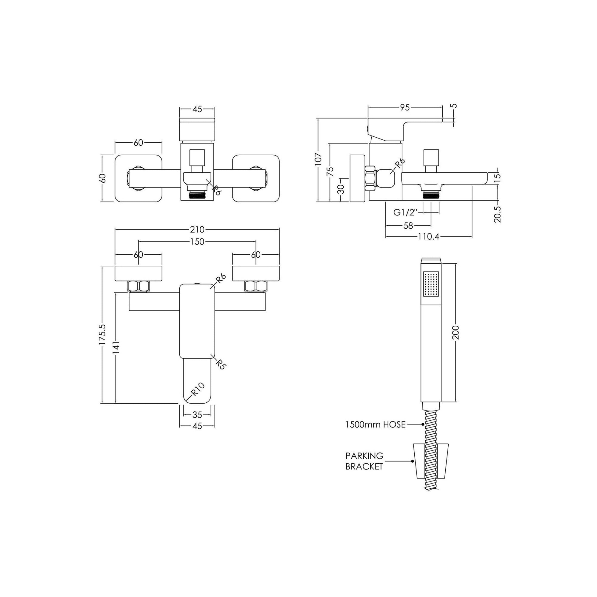 Elowen Contemporary Chrome Wall Mounted Bath Shower Mixer Lever 2 Hole