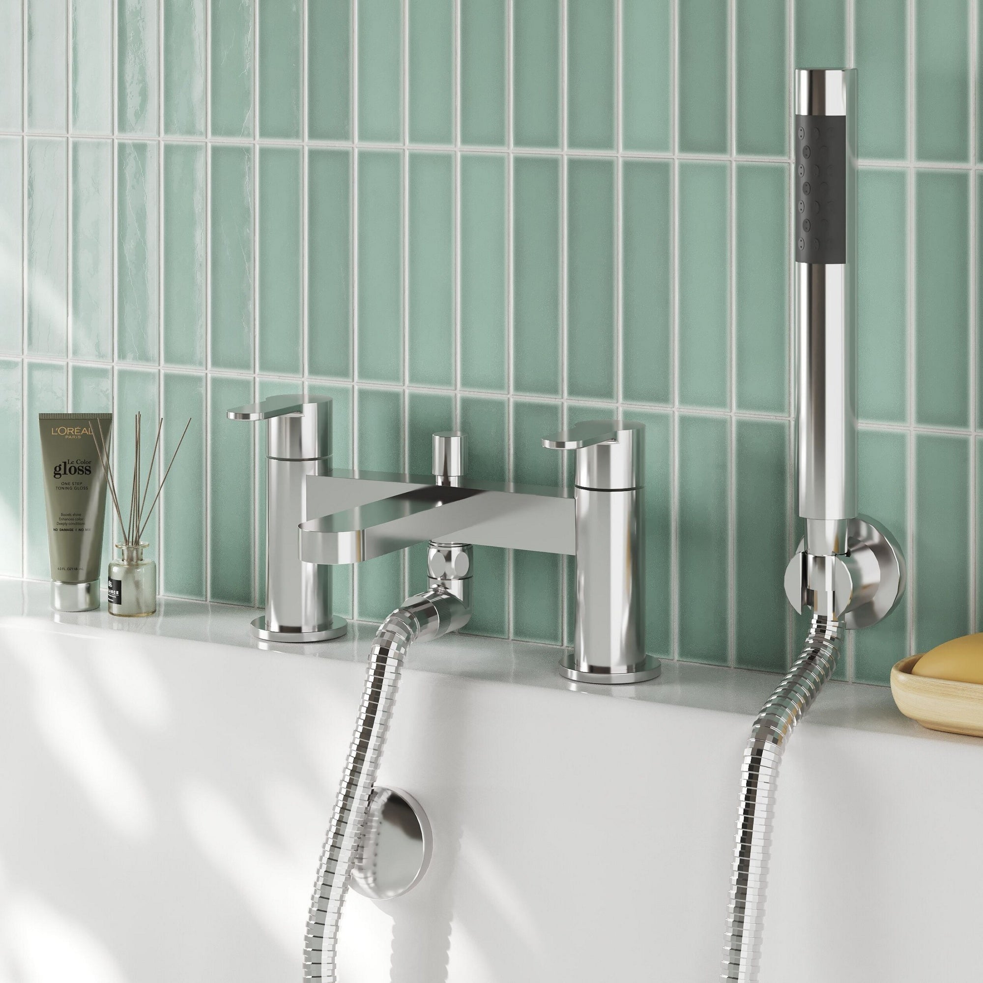 Veraison Deck Mounted Bath Shower Mixer With Kit Chrome Contemporary 2 Tap Hole