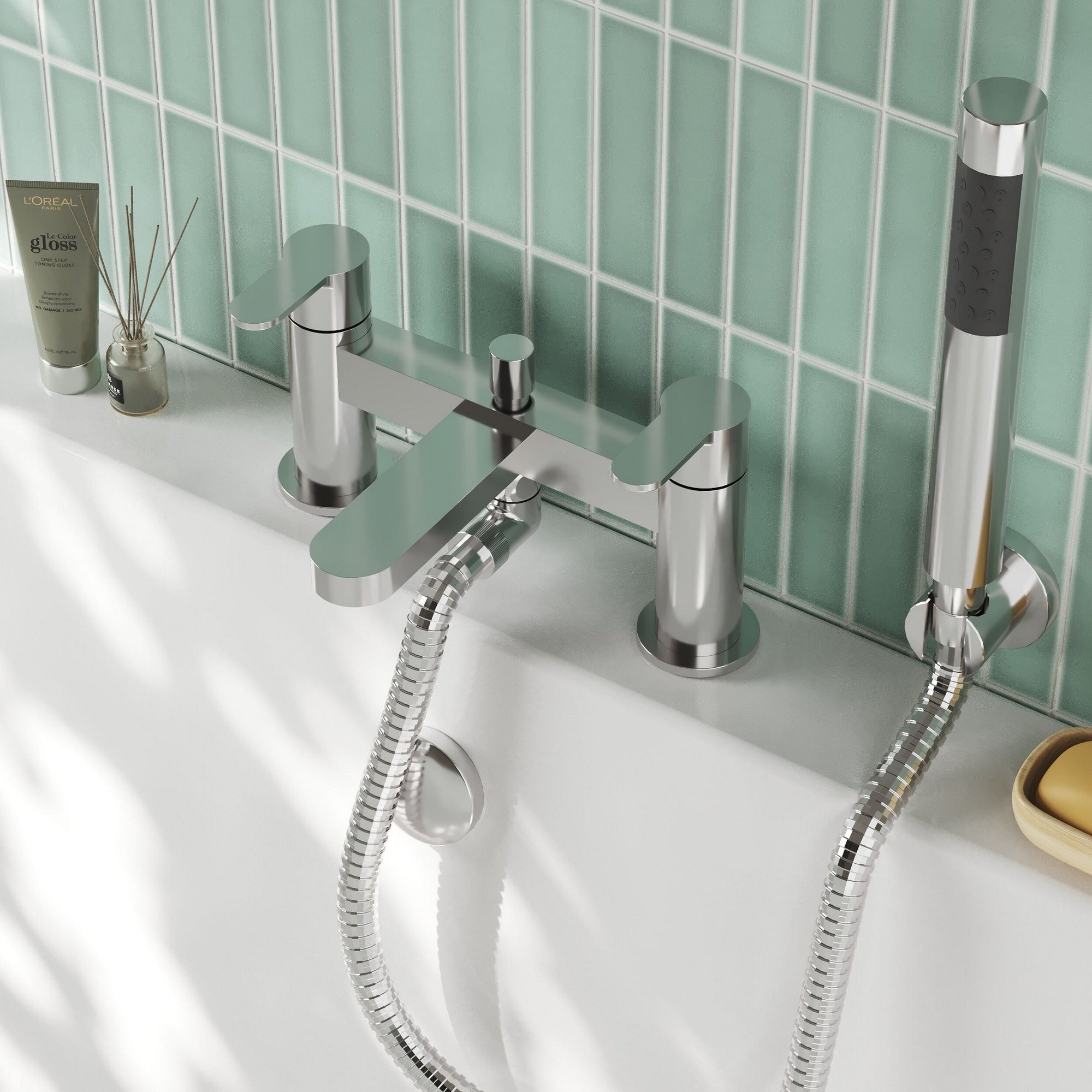 Veraison Deck Mounted Bath Shower Mixer With Kit Chrome Contemporary 2 Tap Hole