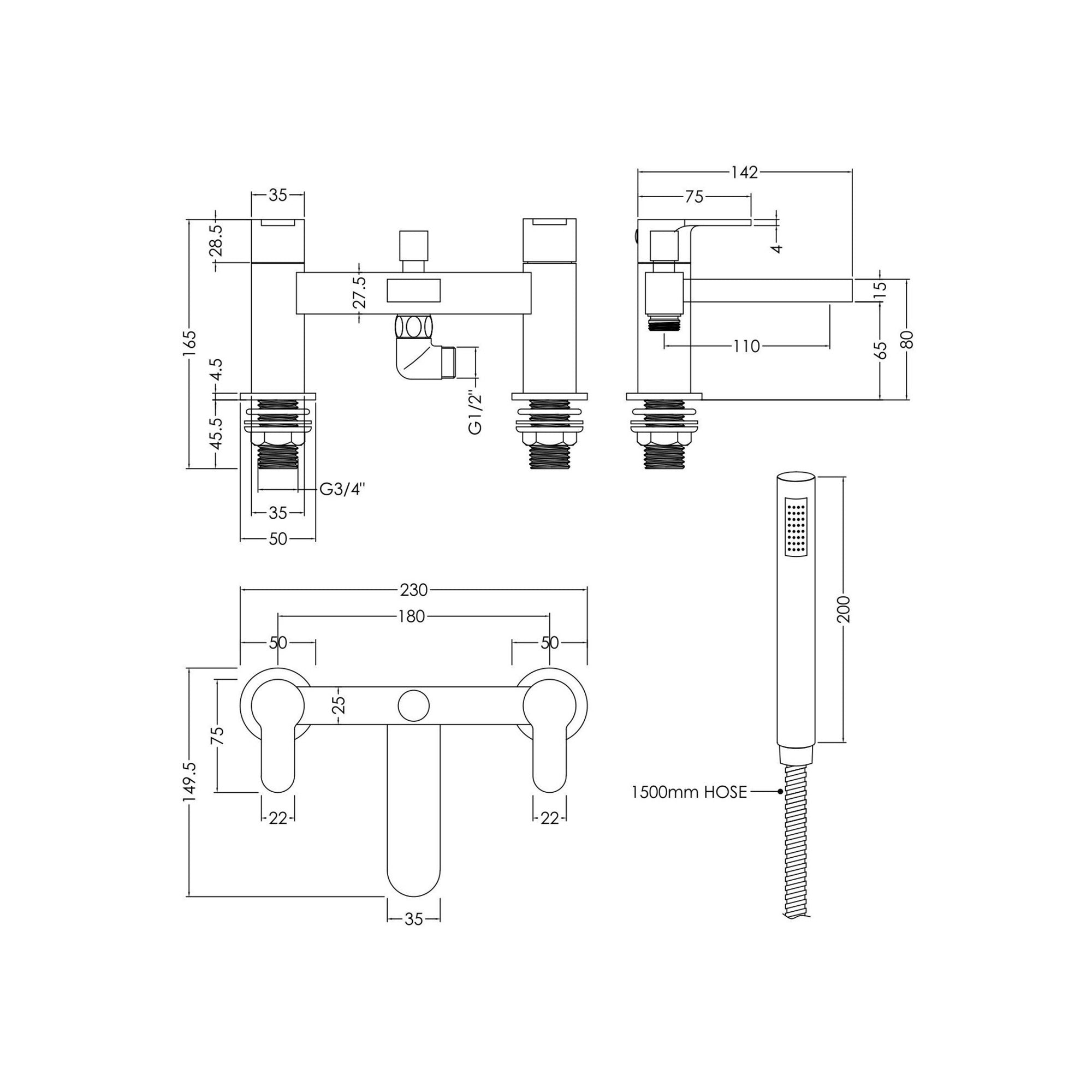 Veraison Deck Mounted Bath Shower Mixer With Kit Chrome Contemporary 2 Tap Hole