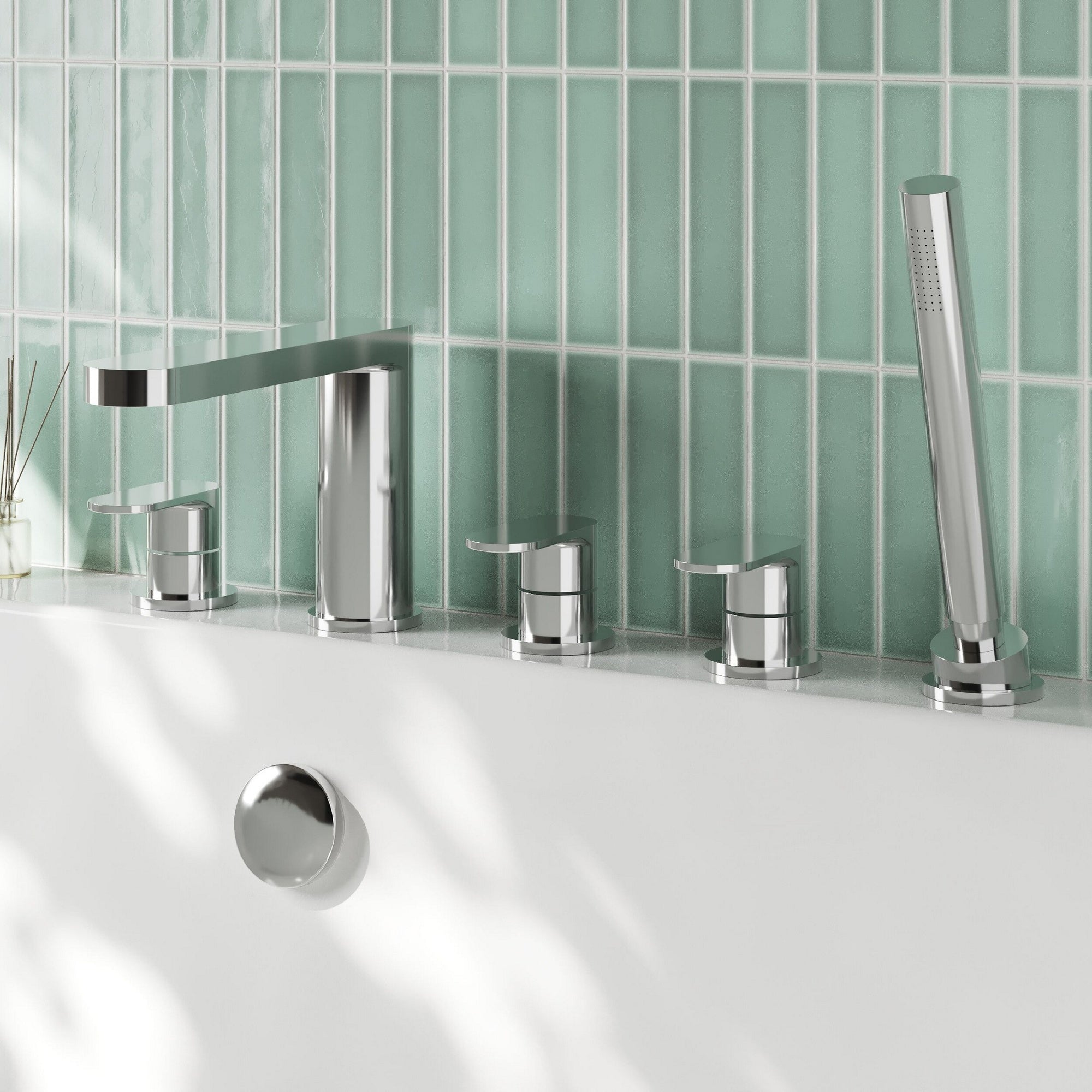 Veraison Deck Mounted 5 Tap Hole Bath Shower Mixer Chrome Contemporary 180mm Spout