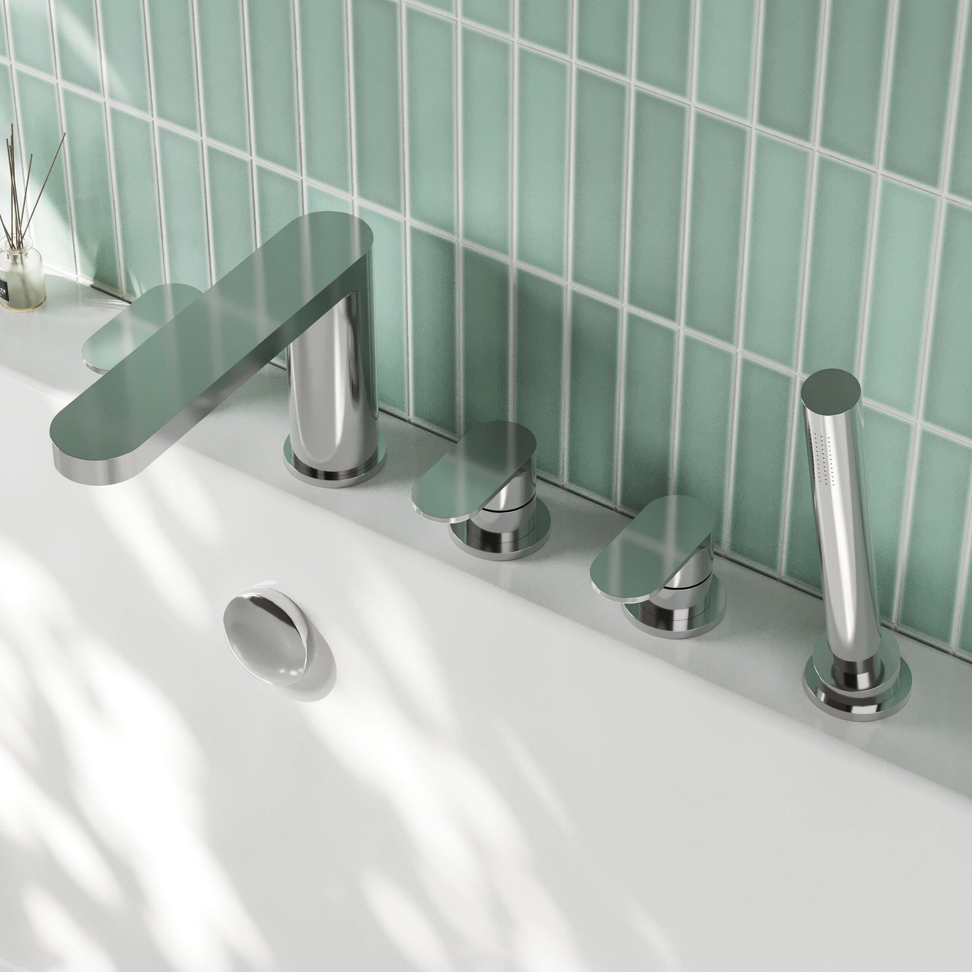 Veraison Deck Mounted 5 Tap Hole Bath Shower Mixer Chrome Contemporary 180mm Spout
