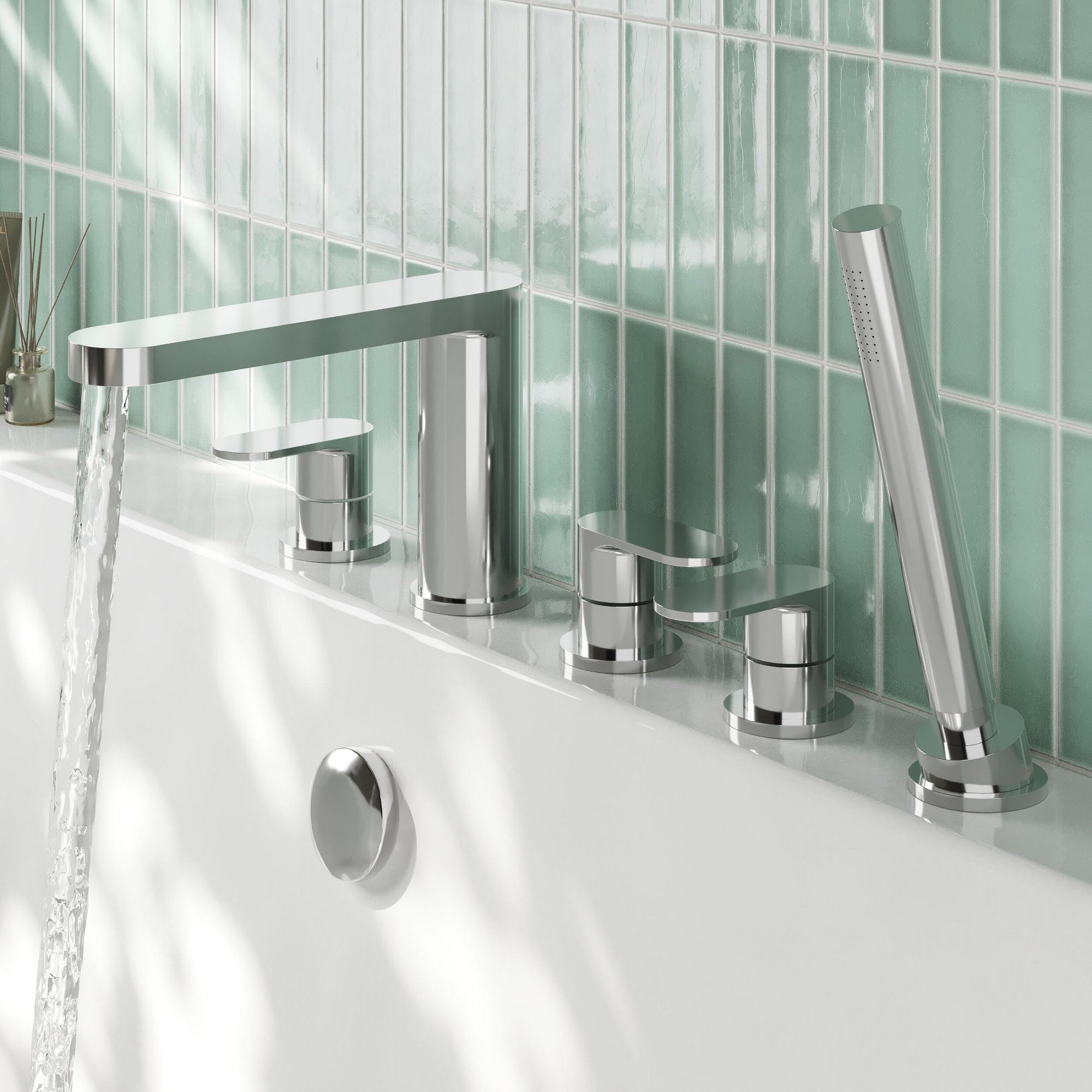 Veraison Deck Mounted 5 Tap Hole Bath Shower Mixer Chrome Contemporary 180mm Spout