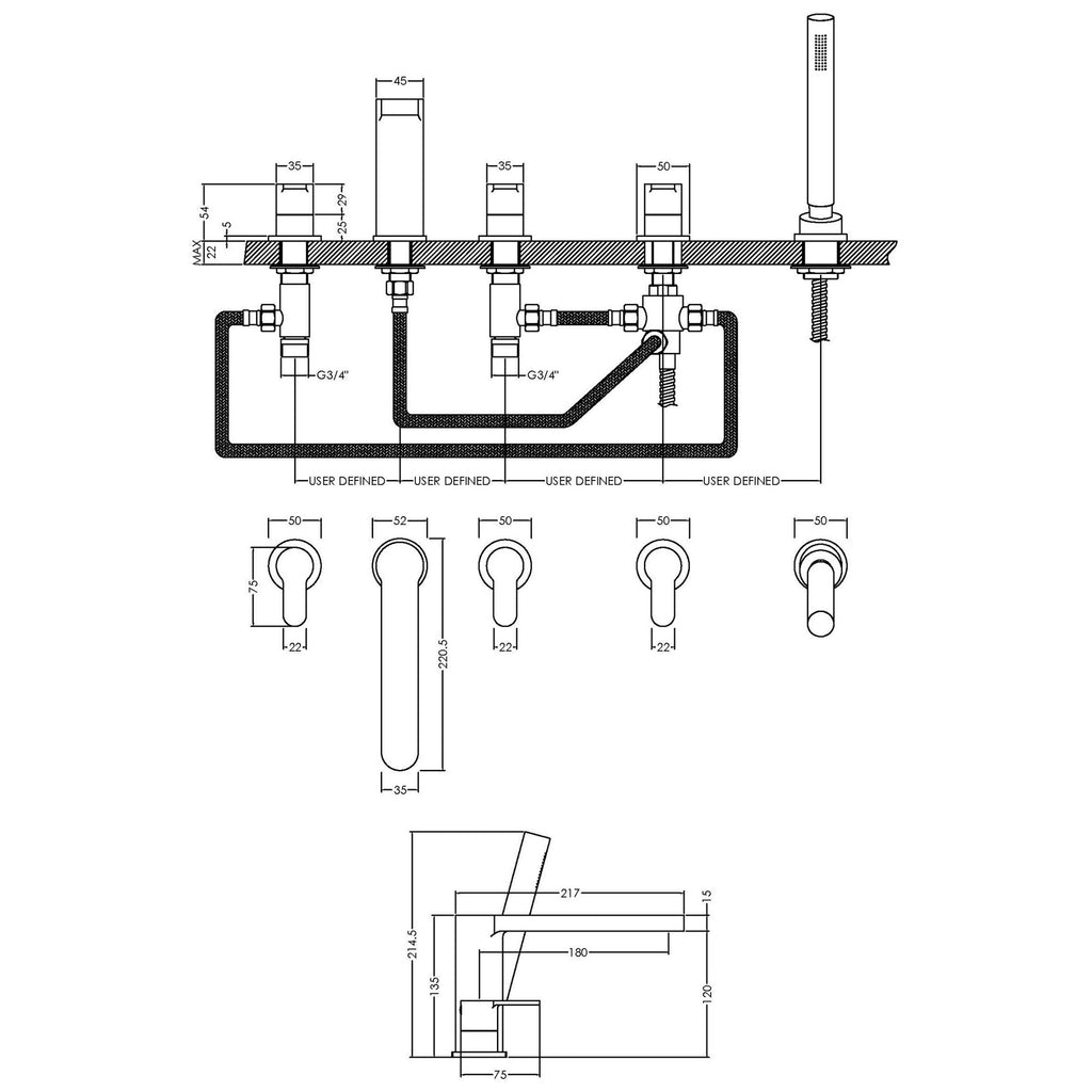 Veraison Deck Mounted 5 Tap Hole Bath Shower Mixer Chrome Contemporary 180mm Spout
