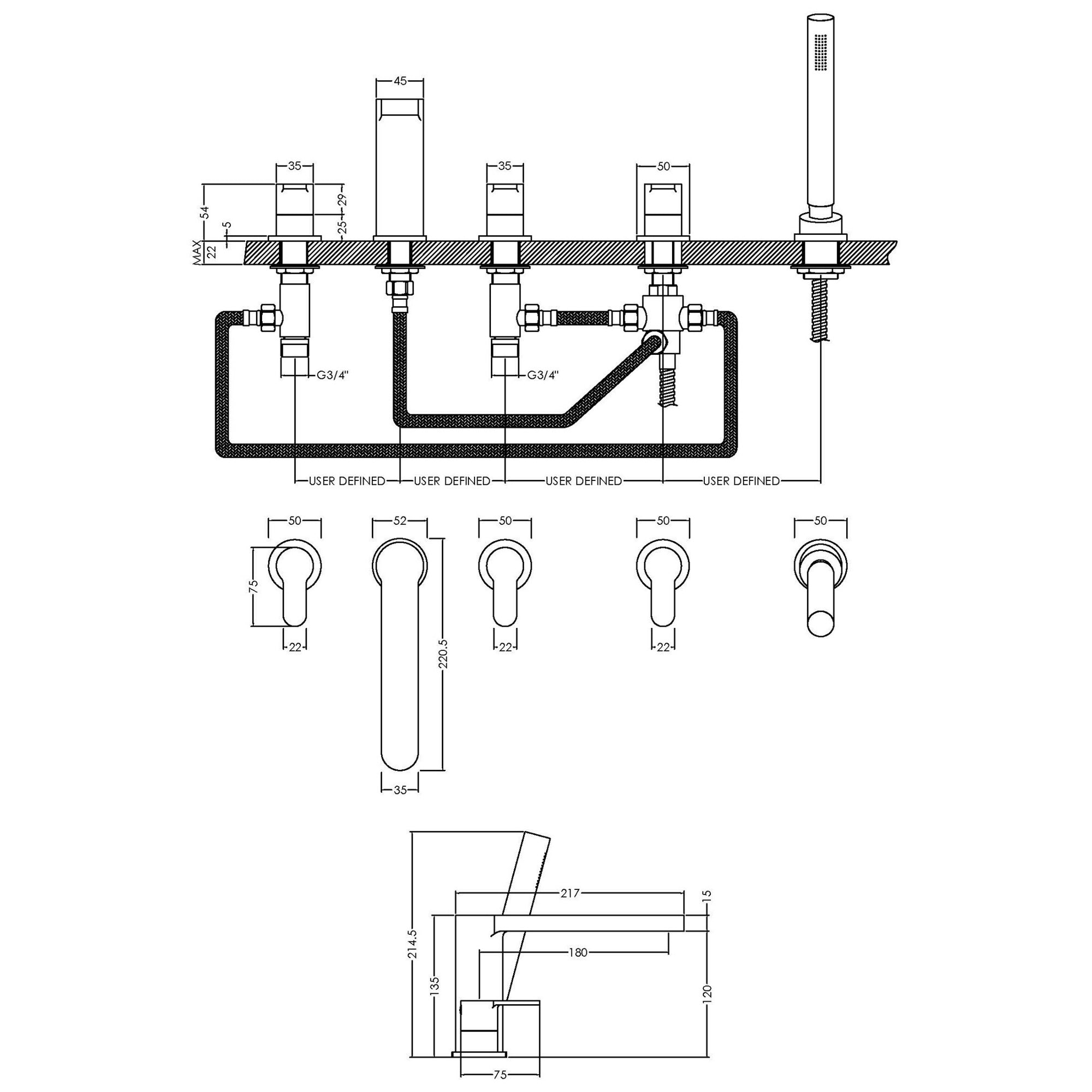 Veraison Deck Mounted 5 Tap Hole Bath Shower Mixer Chrome Contemporary 180mm Spout