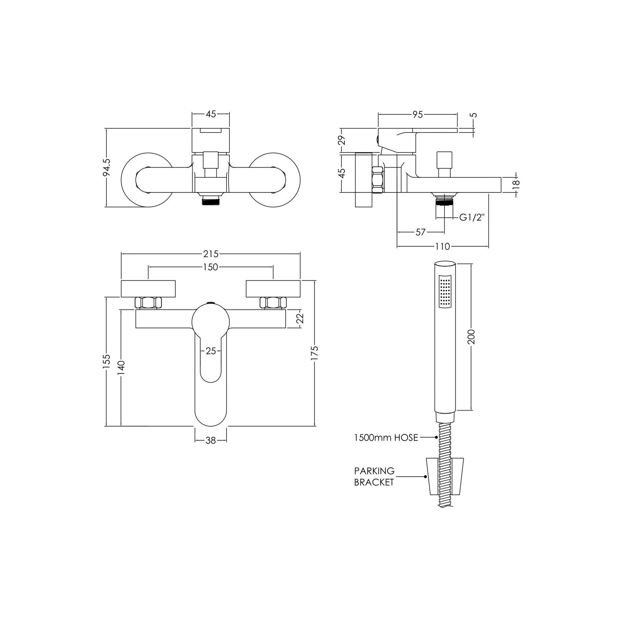 Veraison Wall Mounted Bath Shower Mixer With Kit Chrome Contemporary 2 Hole 110mm