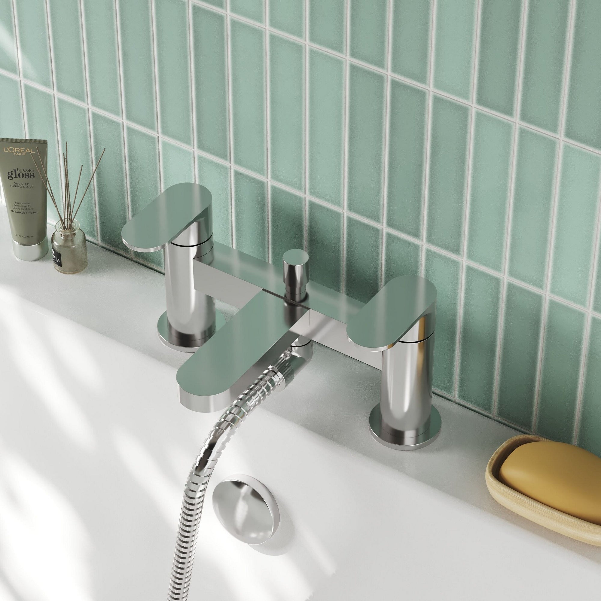 Linea Deck Mounted Bath Shower Mixer With Kit Chrome Contemporary 2 Tap Hole