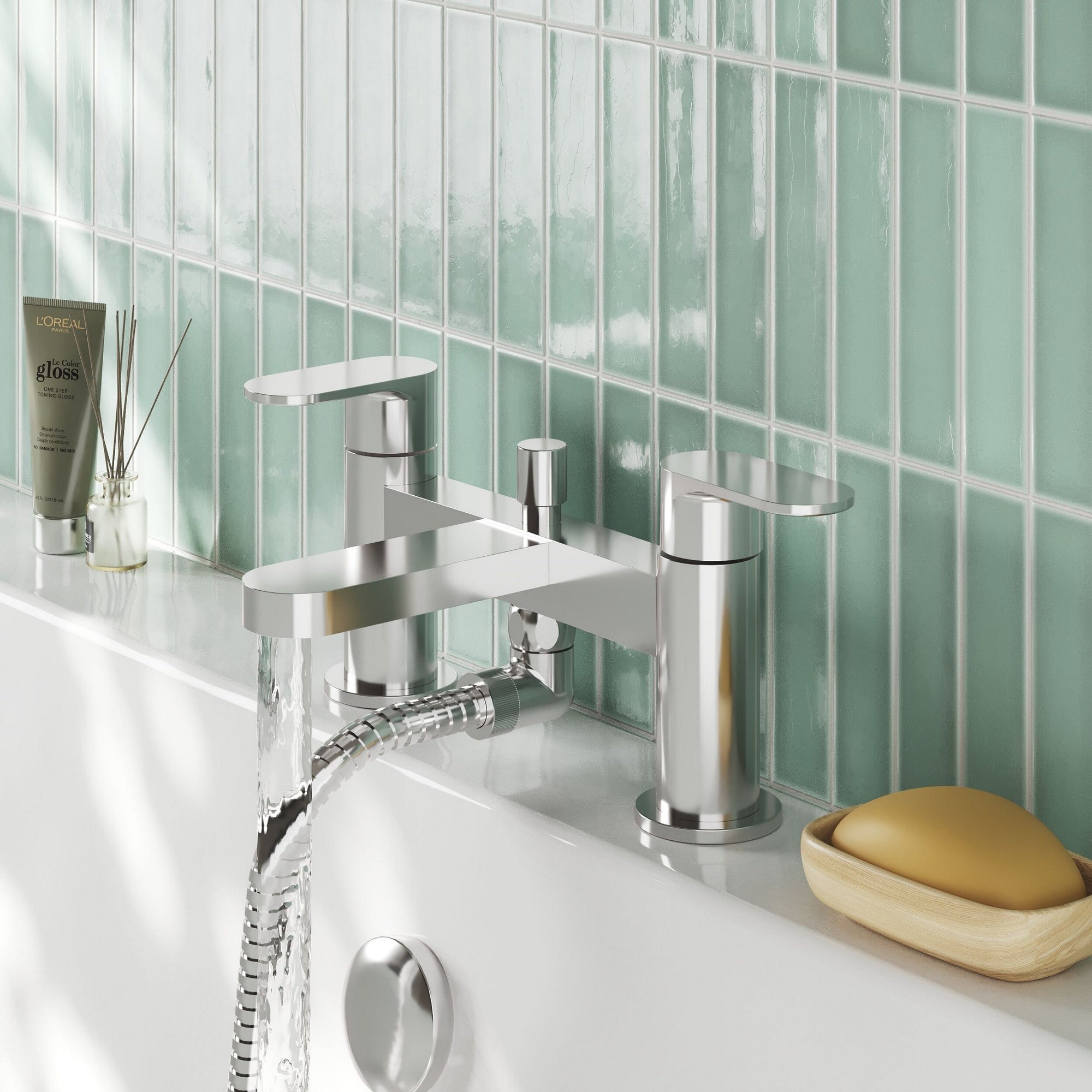 Linea Deck Mounted Bath Shower Mixer With Kit Chrome Contemporary 2 Tap Hole