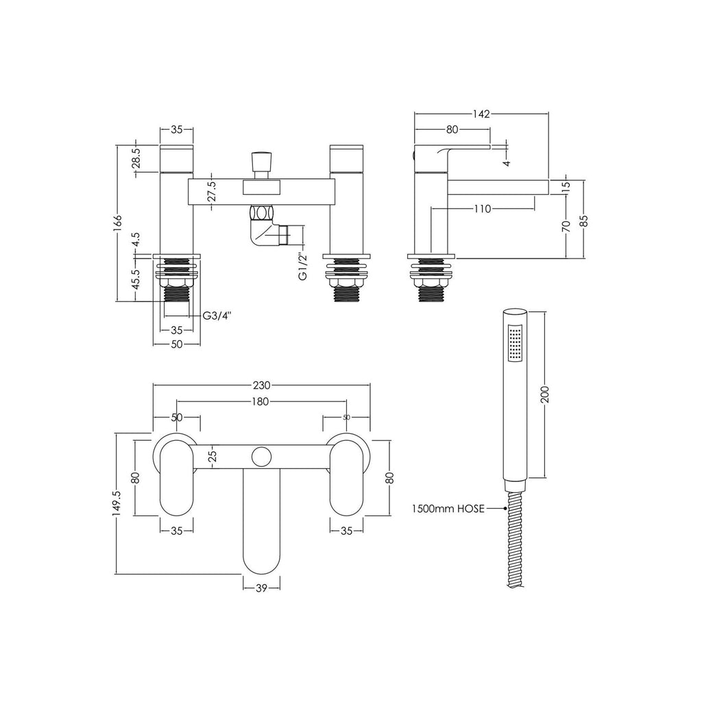 Linea Deck Mounted Bath Shower Mixer With Kit Chrome Contemporary 2 Tap Hole