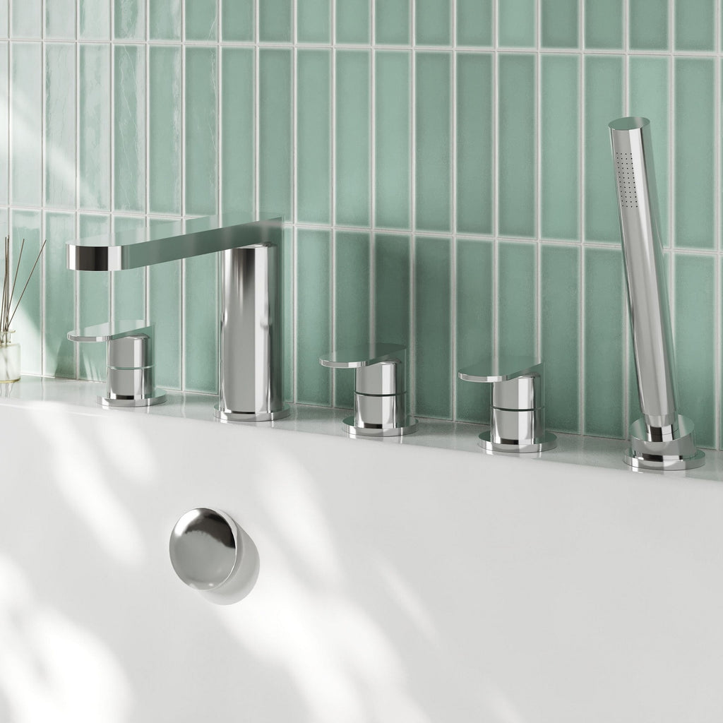 Linea Deck Mounted 5 Tap Hole Bath Shower Mixer Chrome Contemporary 180mm Spout