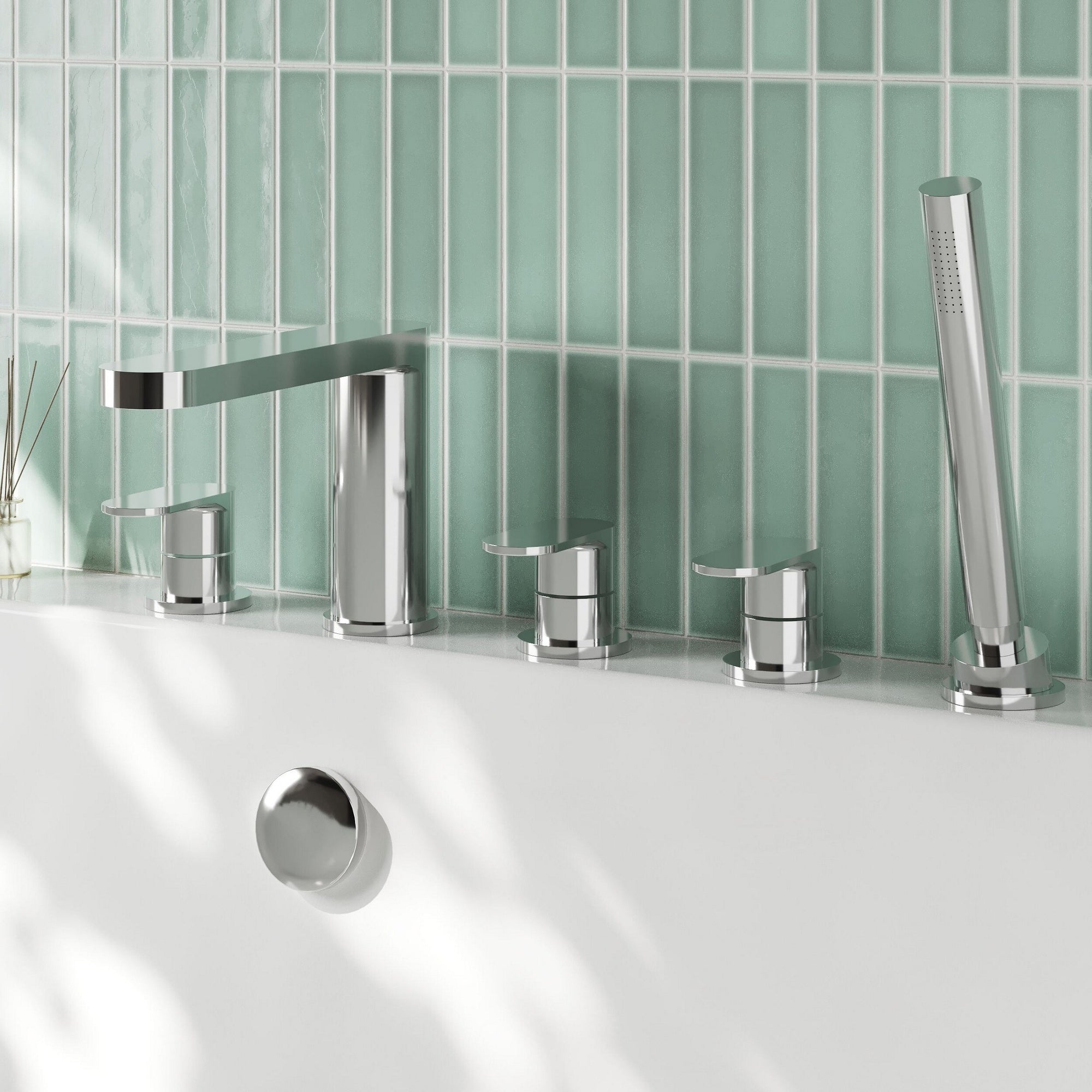 Linea Deck Mounted 5 Tap Hole Bath Shower Mixer Chrome Contemporary 180mm Spout