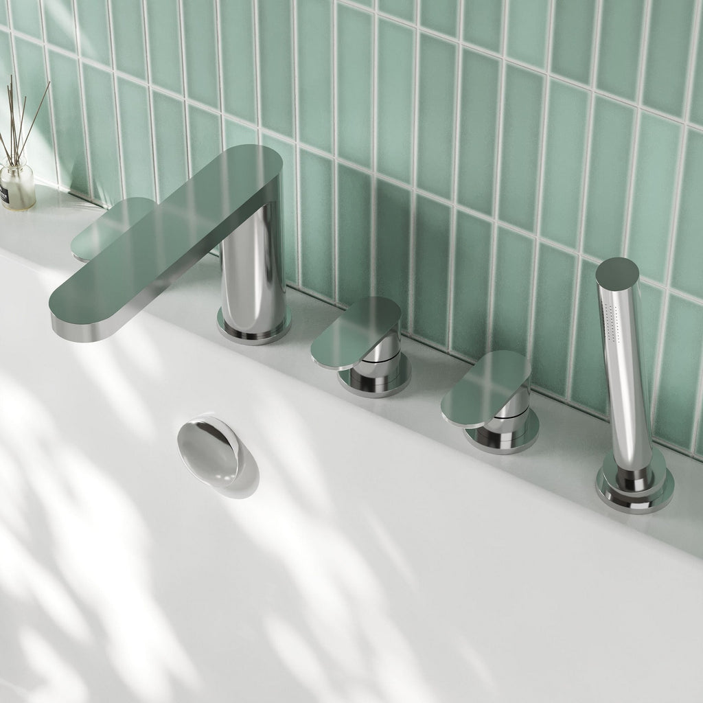 Linea Deck Mounted 5 Tap Hole Bath Shower Mixer Chrome Contemporary 180mm Spout