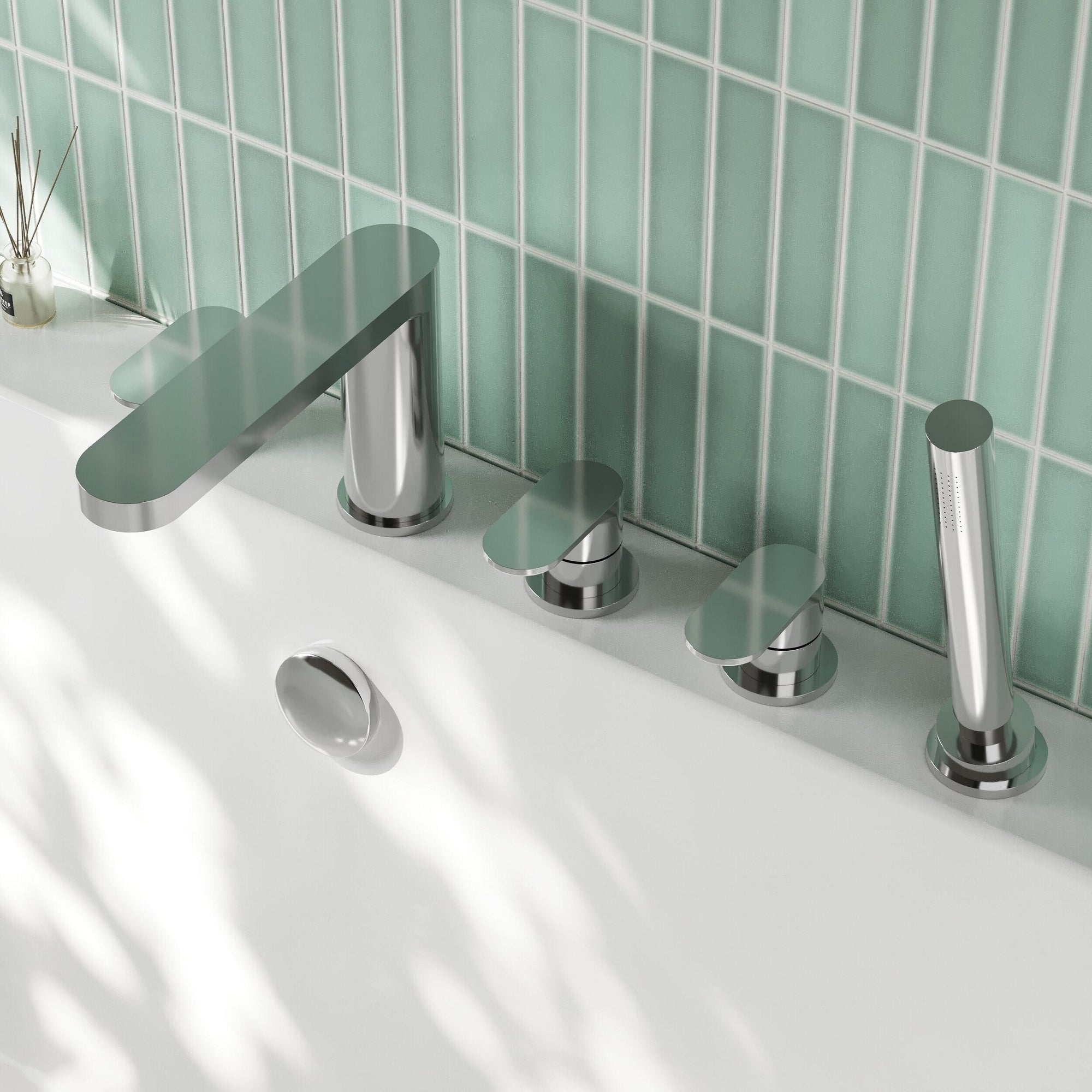 Linea Deck Mounted 5 Tap Hole Bath Shower Mixer Chrome Contemporary 180mm Spout