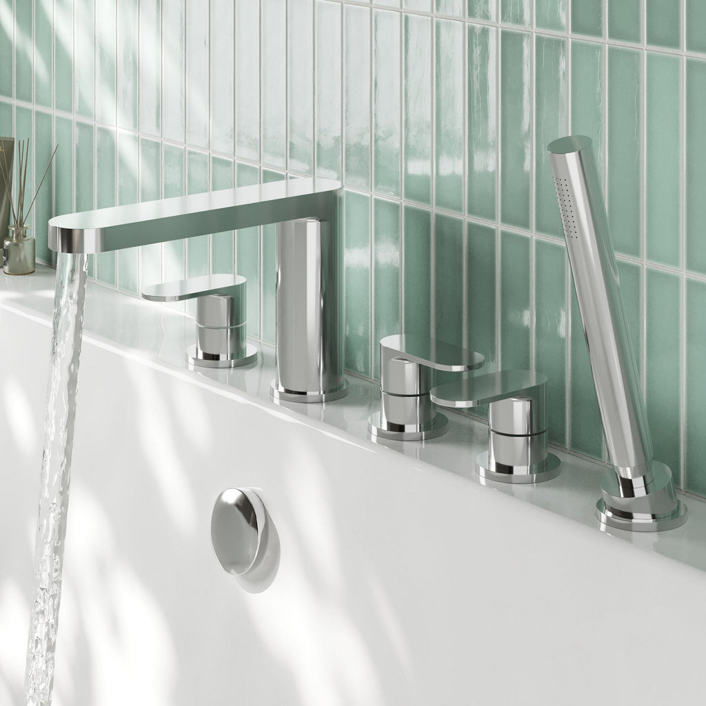 Linea Deck Mounted 5 Tap Hole Bath Shower Mixer Chrome Contemporary 180mm Spout
