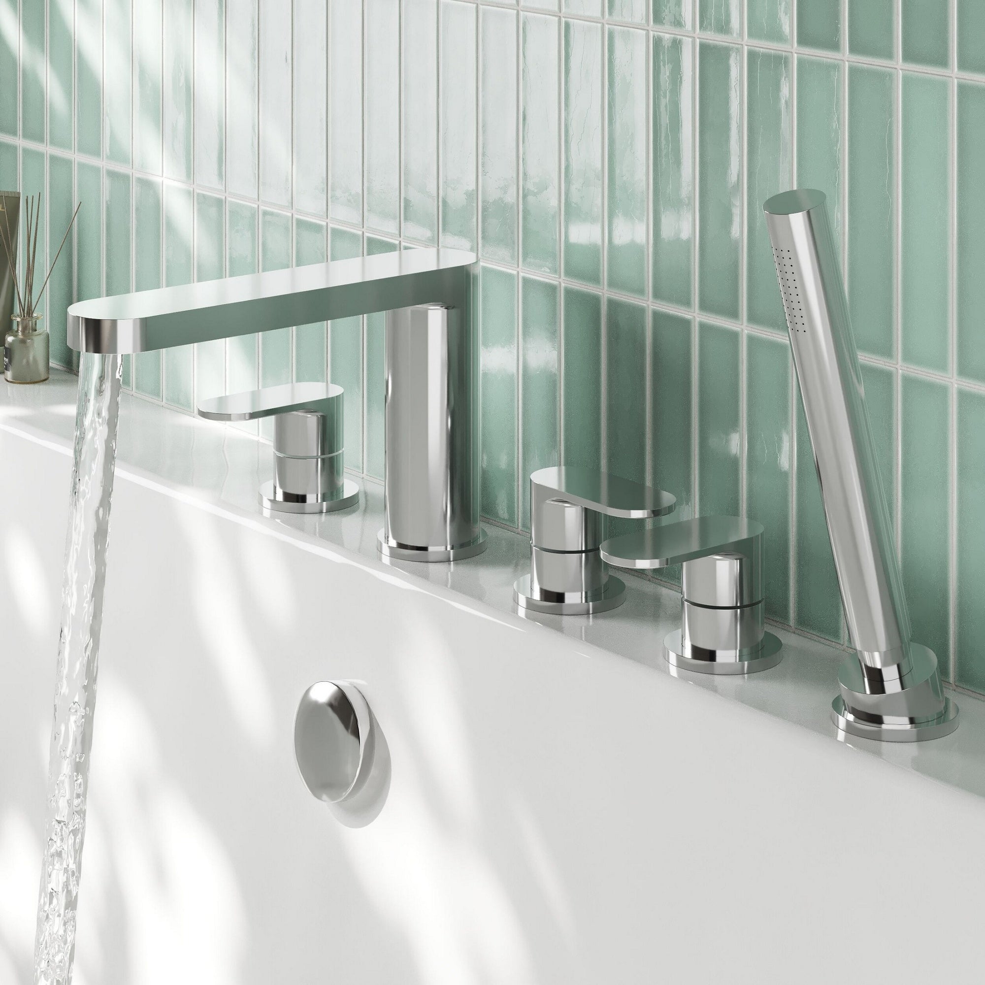 Linea Deck Mounted 5 Tap Hole Bath Shower Mixer Chrome Contemporary 180mm Spout
