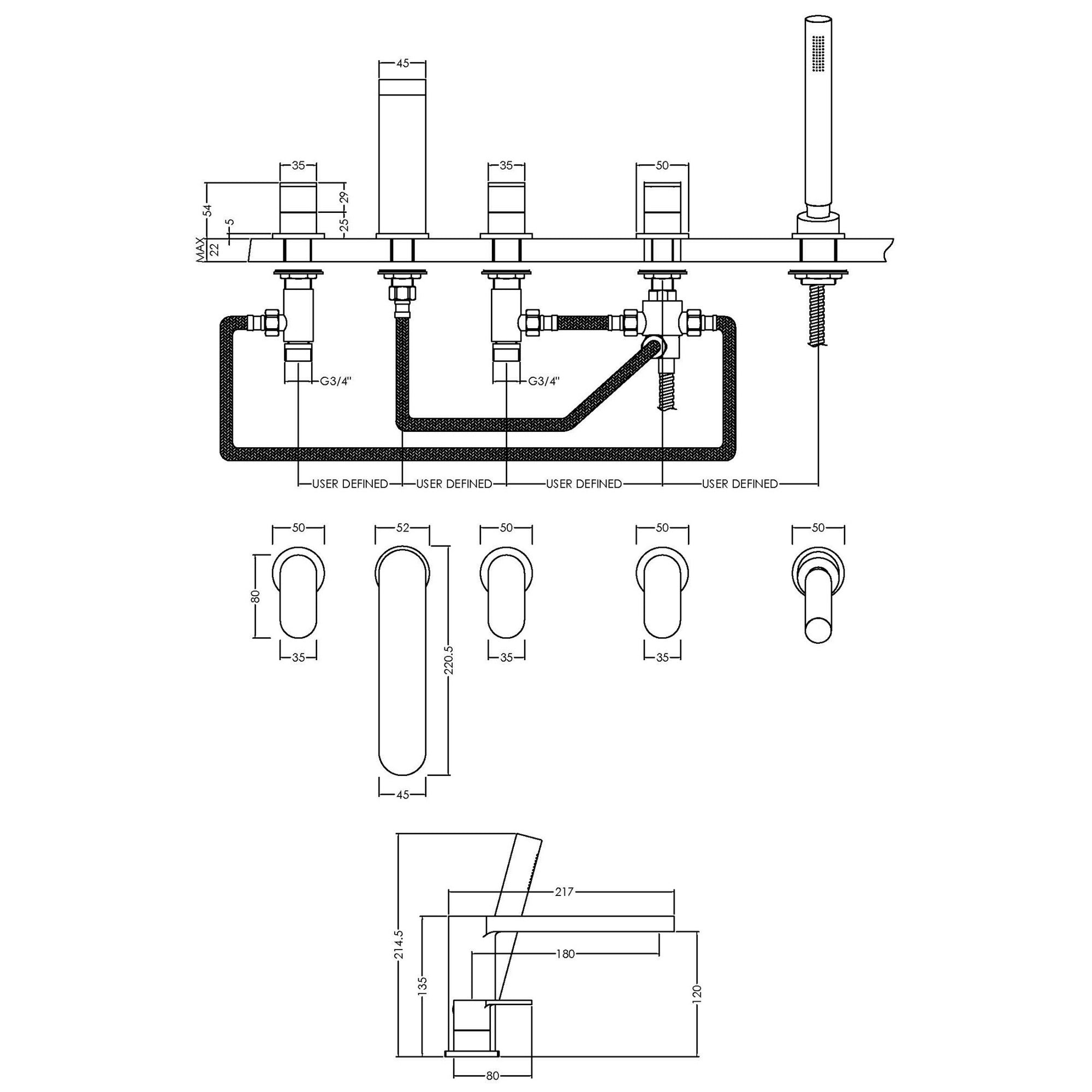 Linea Deck Mounted 5 Tap Hole Bath Shower Mixer Chrome Contemporary 180mm Spout