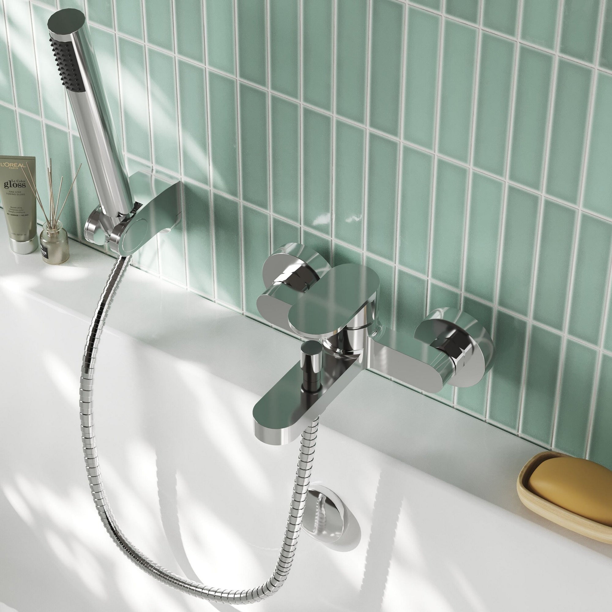 Linea Wall Mounted Bath Shower Mixer With Kit Chrome Contemporary 2 Hole 100mm