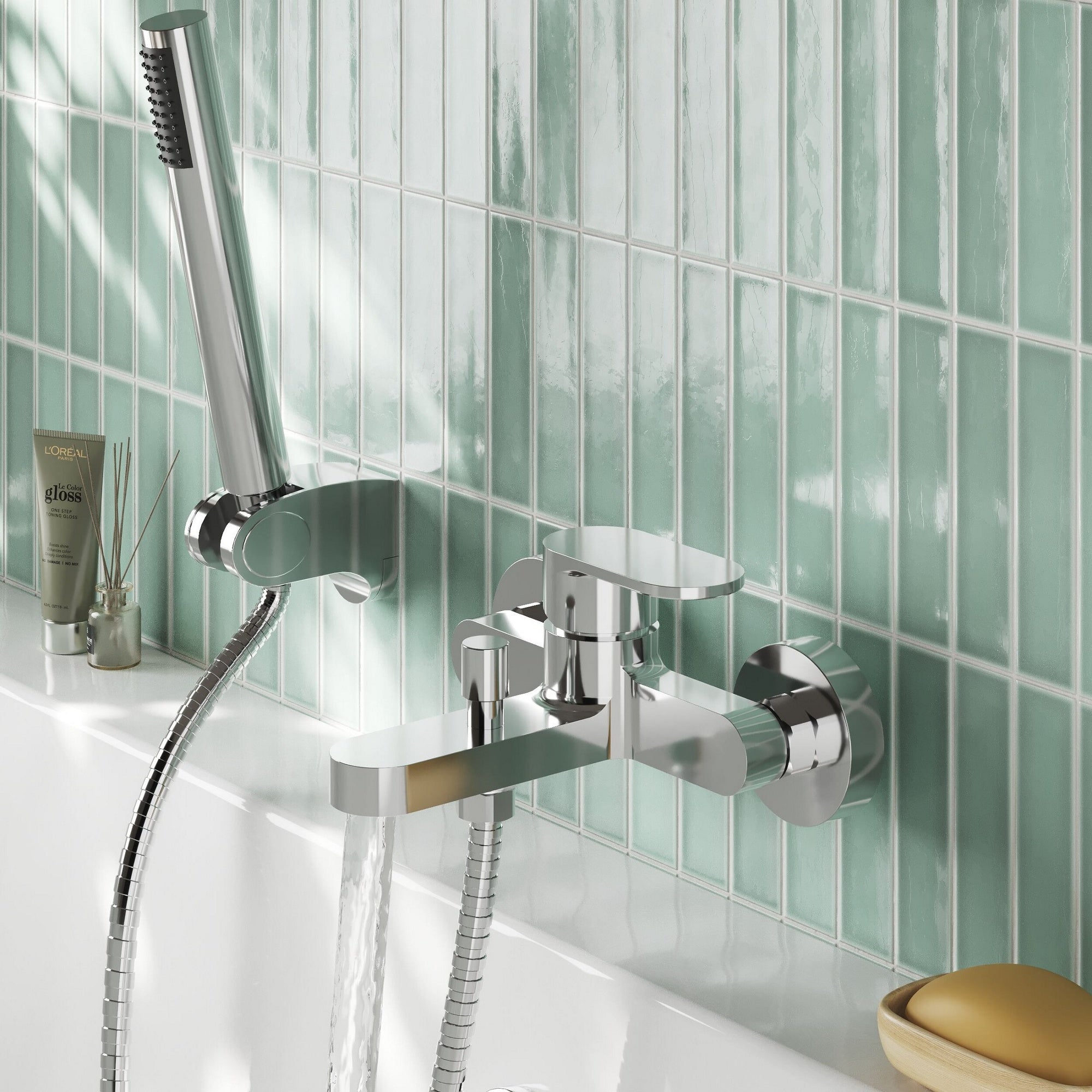 Linea Wall Mounted Bath Shower Mixer With Kit Chrome Contemporary 2 Hole 100mm