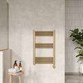 Electric Round Tube Towel Rail 10 Bars 800x500 Brushed Brass 877 BTU 450 Centres