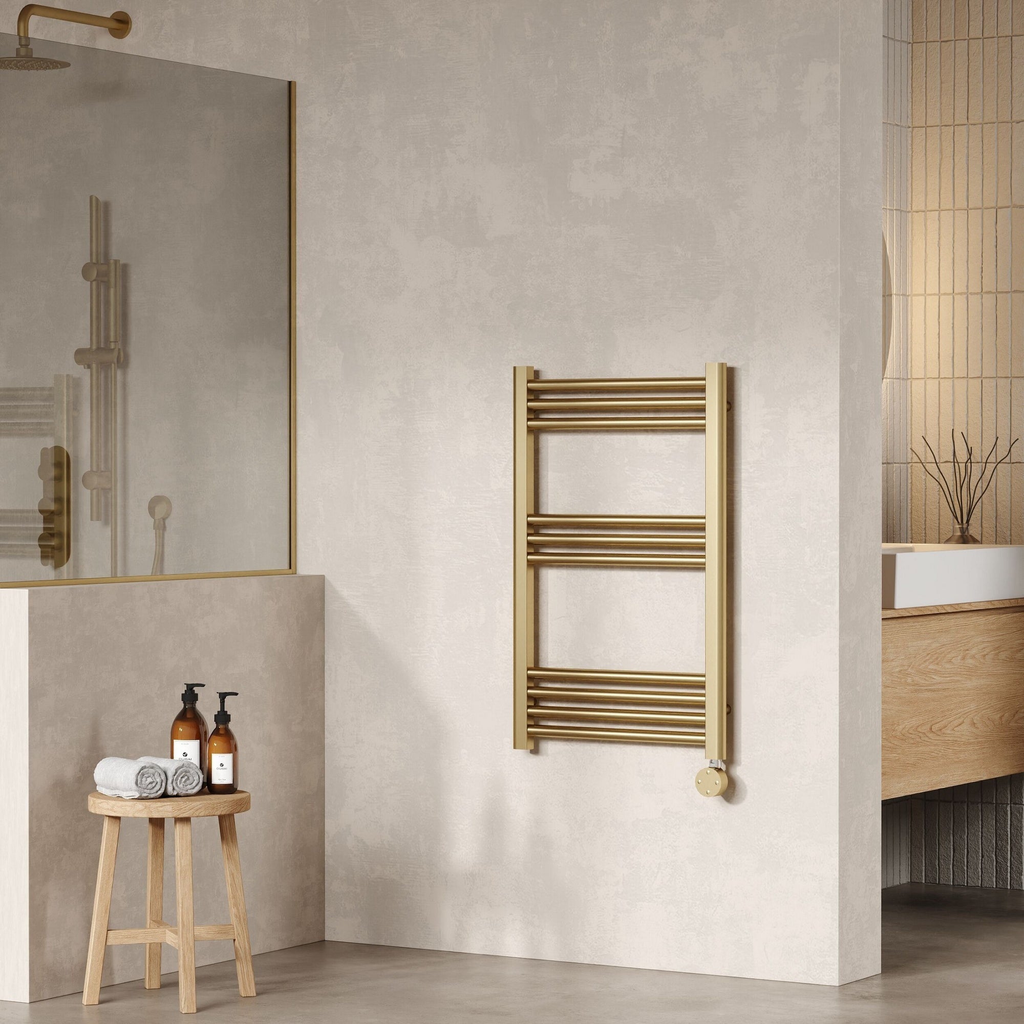 Electric Round Tube Towel Rail 10 Bars 800x500 Brushed Brass 877 BTU 450 Centres
