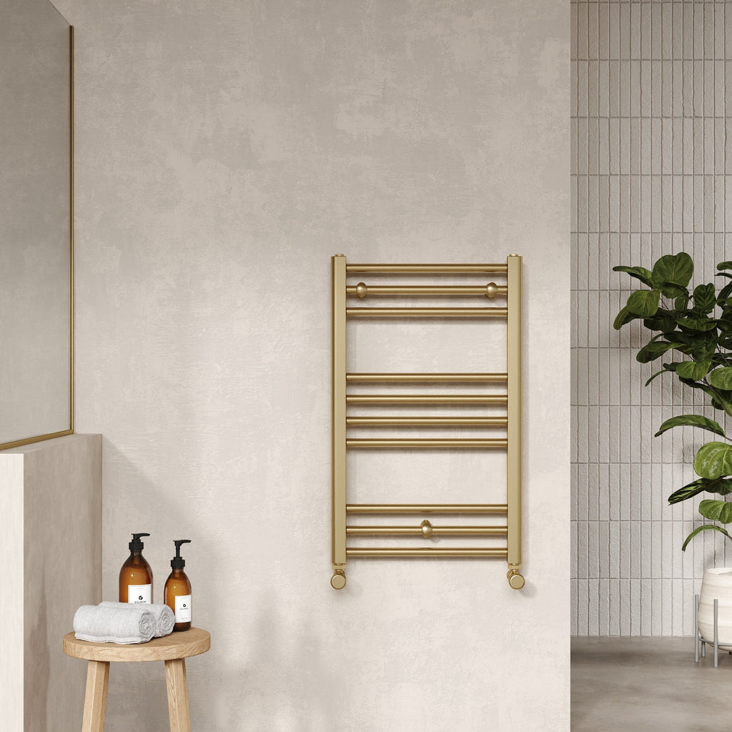Vellum Straight Towel Radiator Round Rails 800x500 Brushed Brass 850 BTU 450