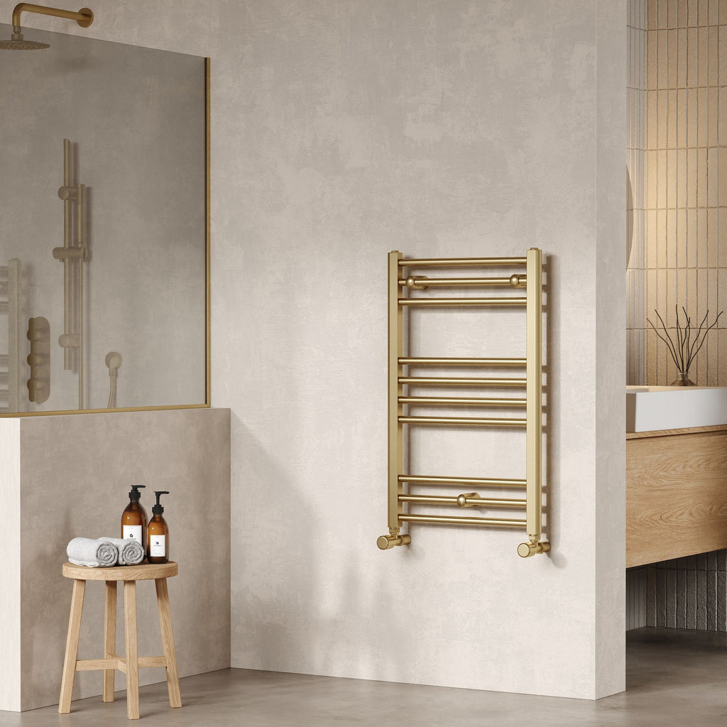 Vellum Straight Towel Radiator Round Rails 800x500 Brushed Brass 850 BTU 450