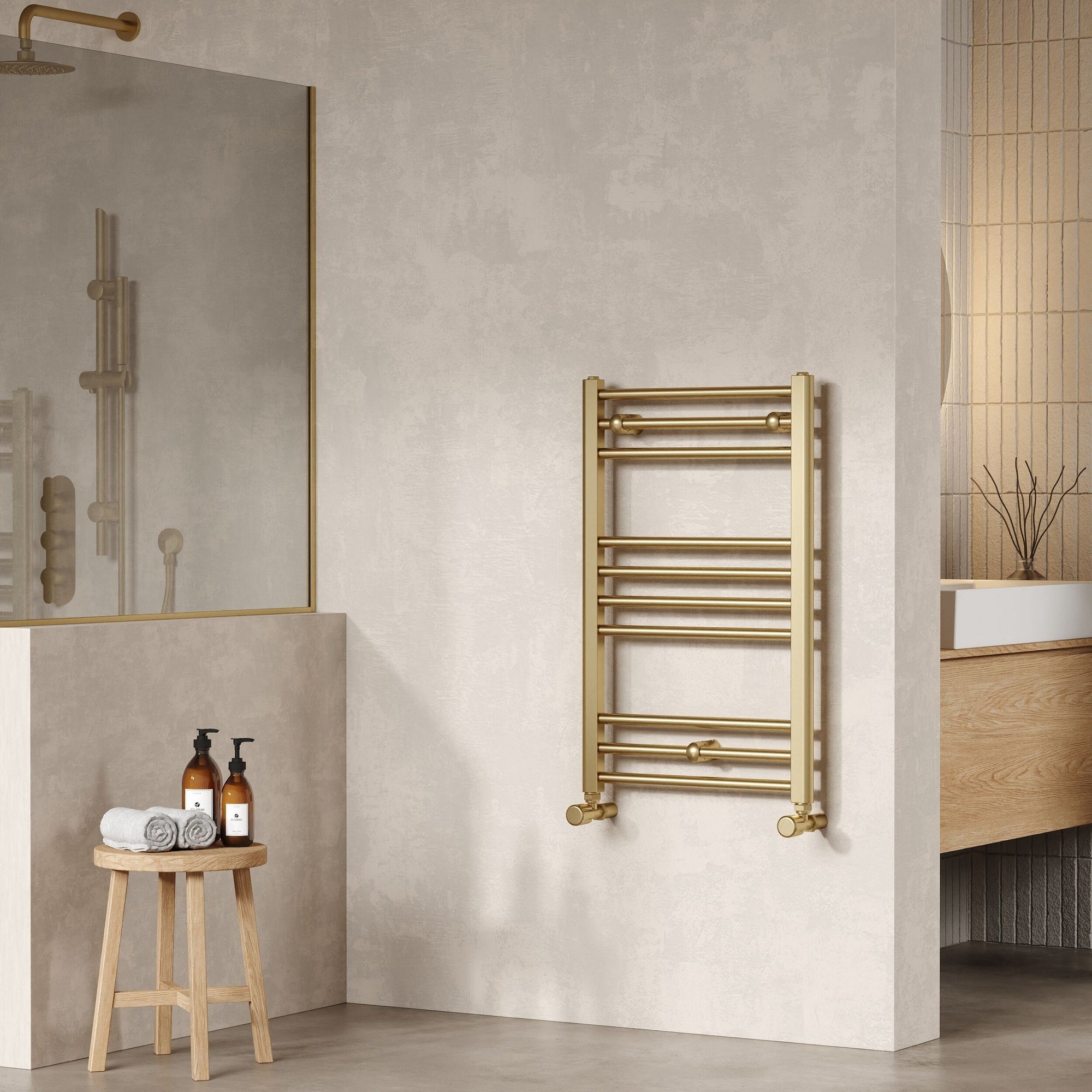 Vellum Straight Towel Radiator Round Rails 800x500 Brushed Brass 850 BTU 450