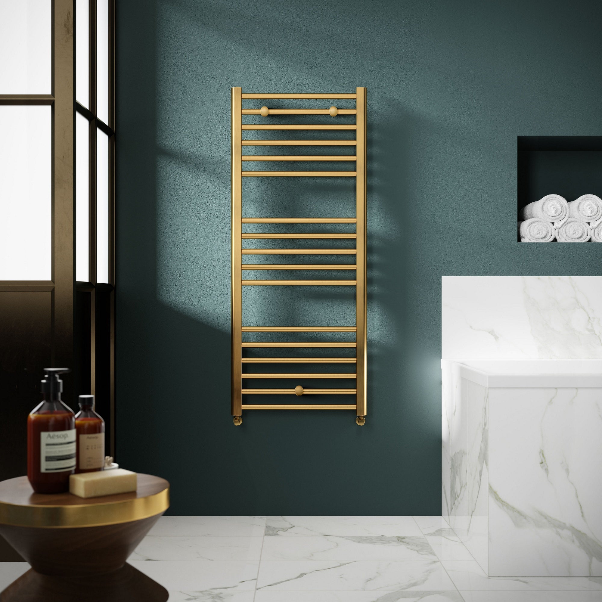Vellum Straight Towel Radiator Round Rails 1200x500 Brushed Brass 1406 BTU 450
