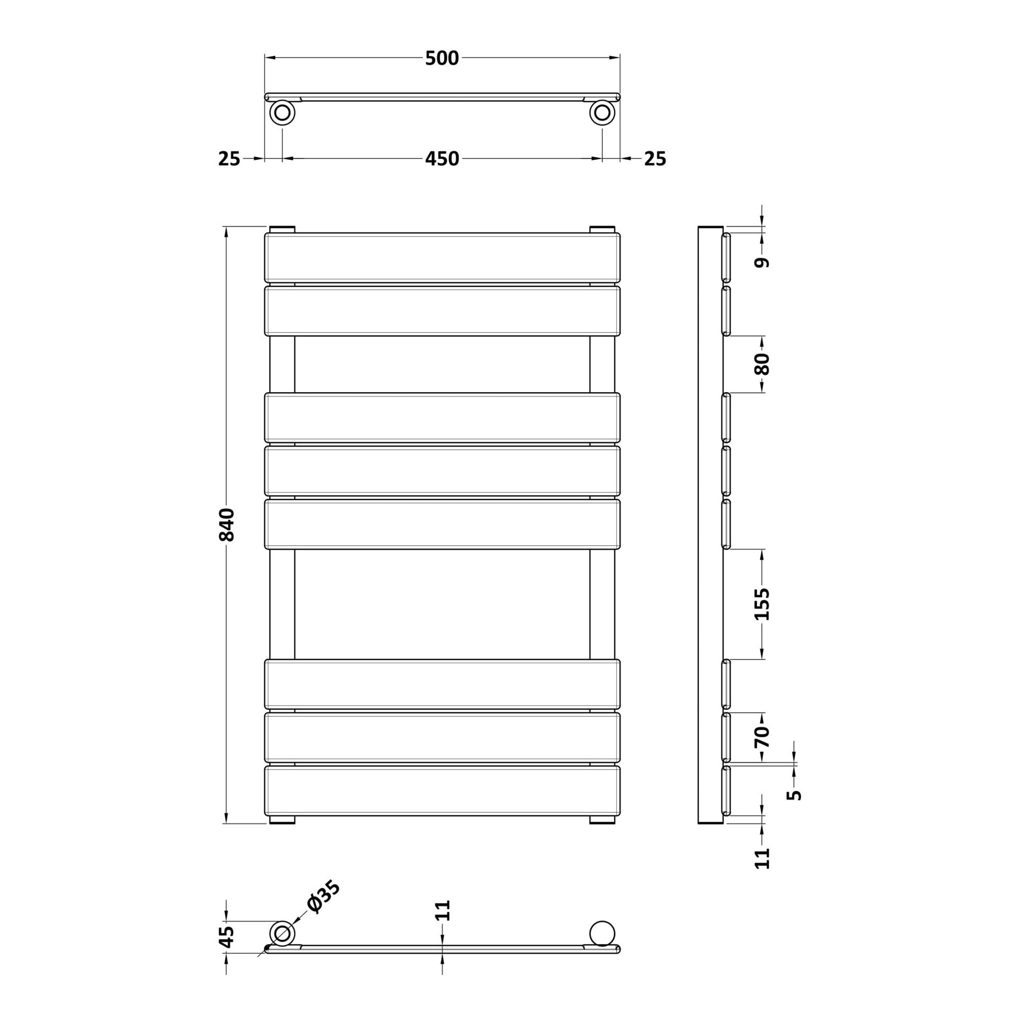 Piazza Square Towel Radiator with Flat Panels 840mm x 500mm