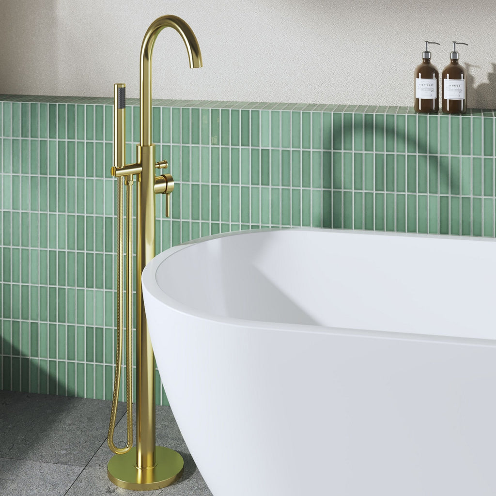 Veda Contemporary Brushed Brass Floor Standing Bath Shower Mixer Lever 1 Hole