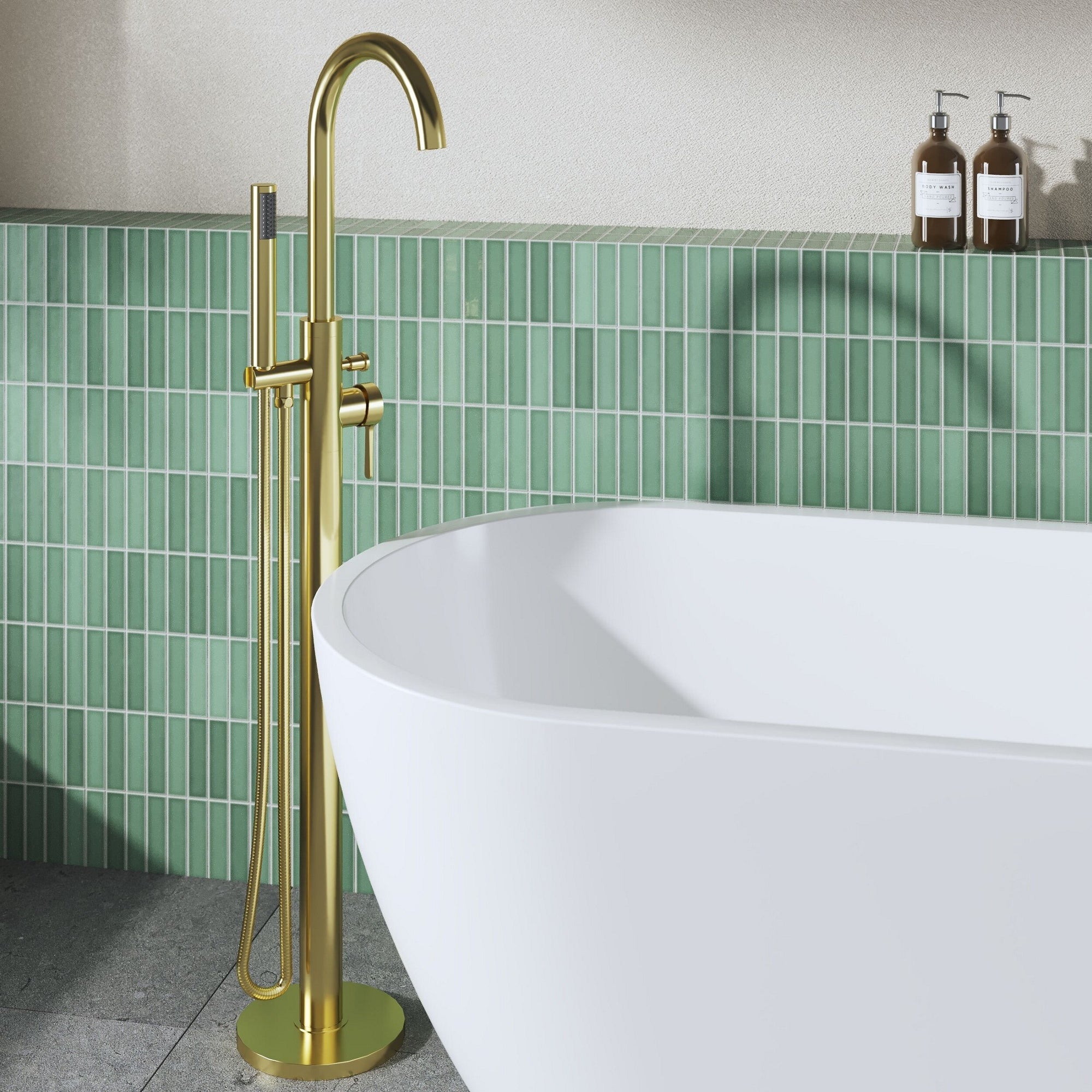 Veda Contemporary Brushed Brass Floor Standing Bath Shower Mixer Lever 1 Hole