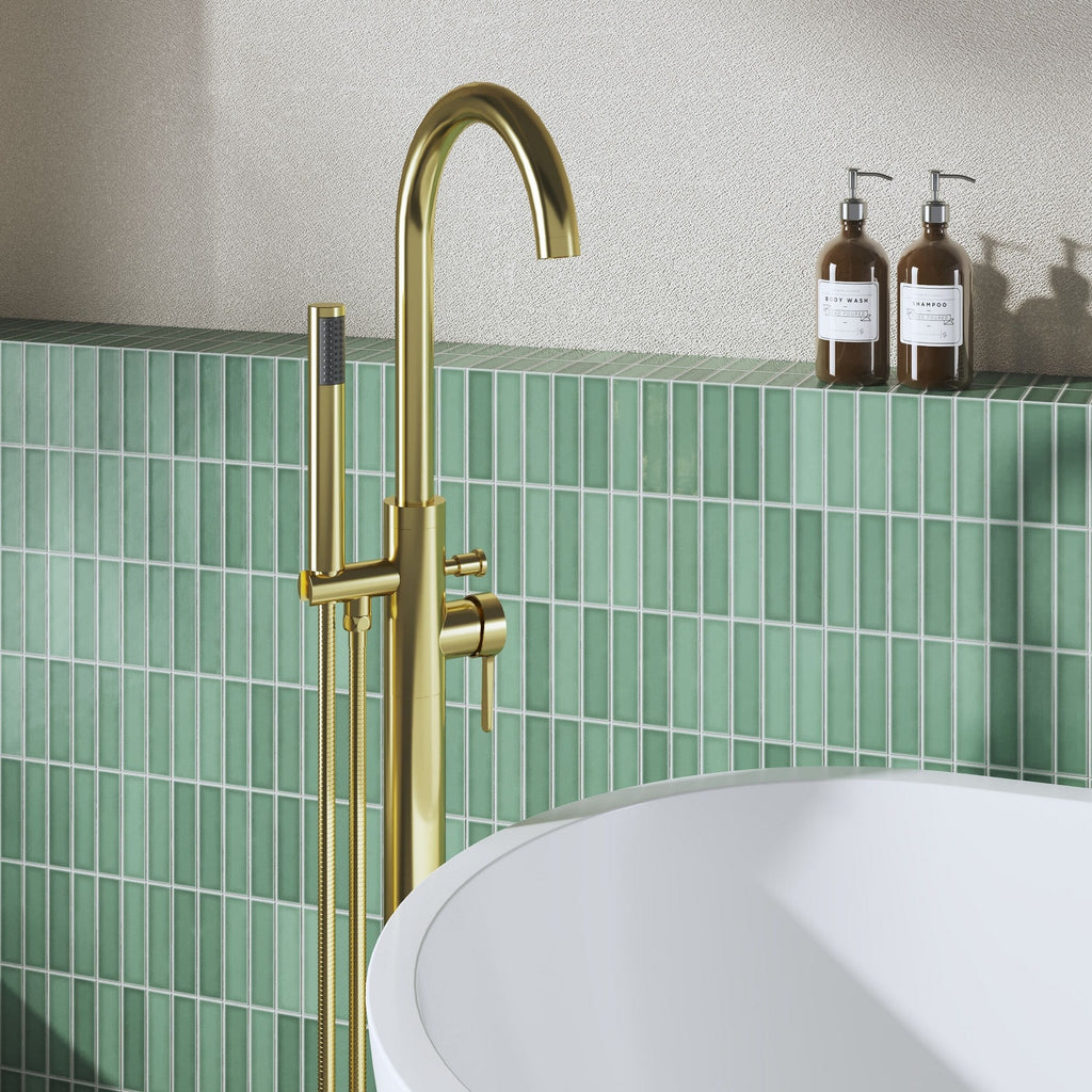 Veda Contemporary Brushed Brass Floor Standing Bath Shower Mixer Lever 1 Hole