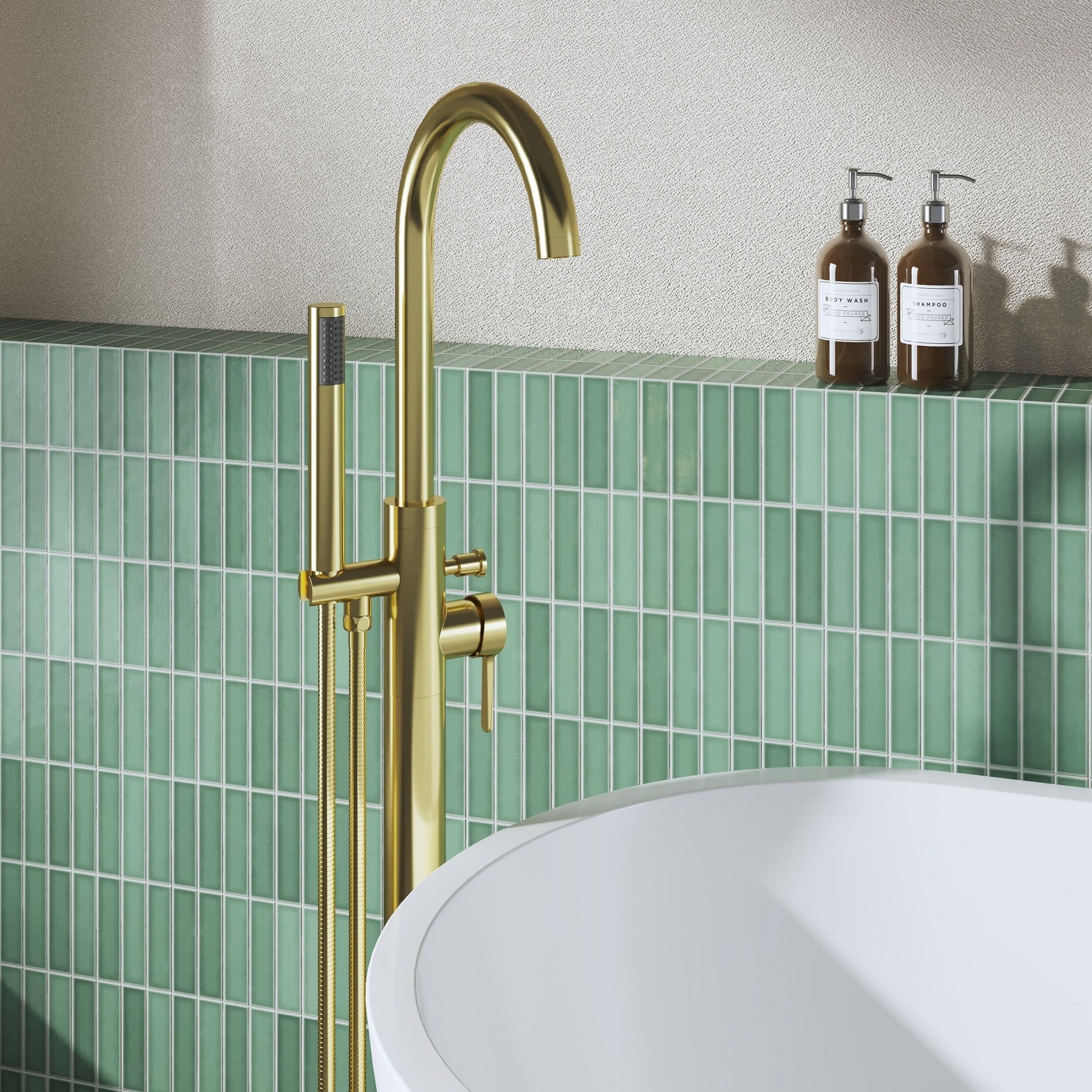Veda Contemporary Brushed Brass Floor Standing Bath Shower Mixer Lever 1 Hole