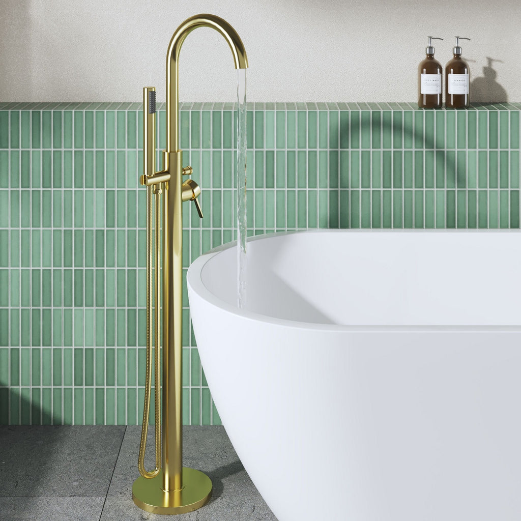 Veda Contemporary Brushed Brass Floor Standing Bath Shower Mixer Lever 1 Hole
