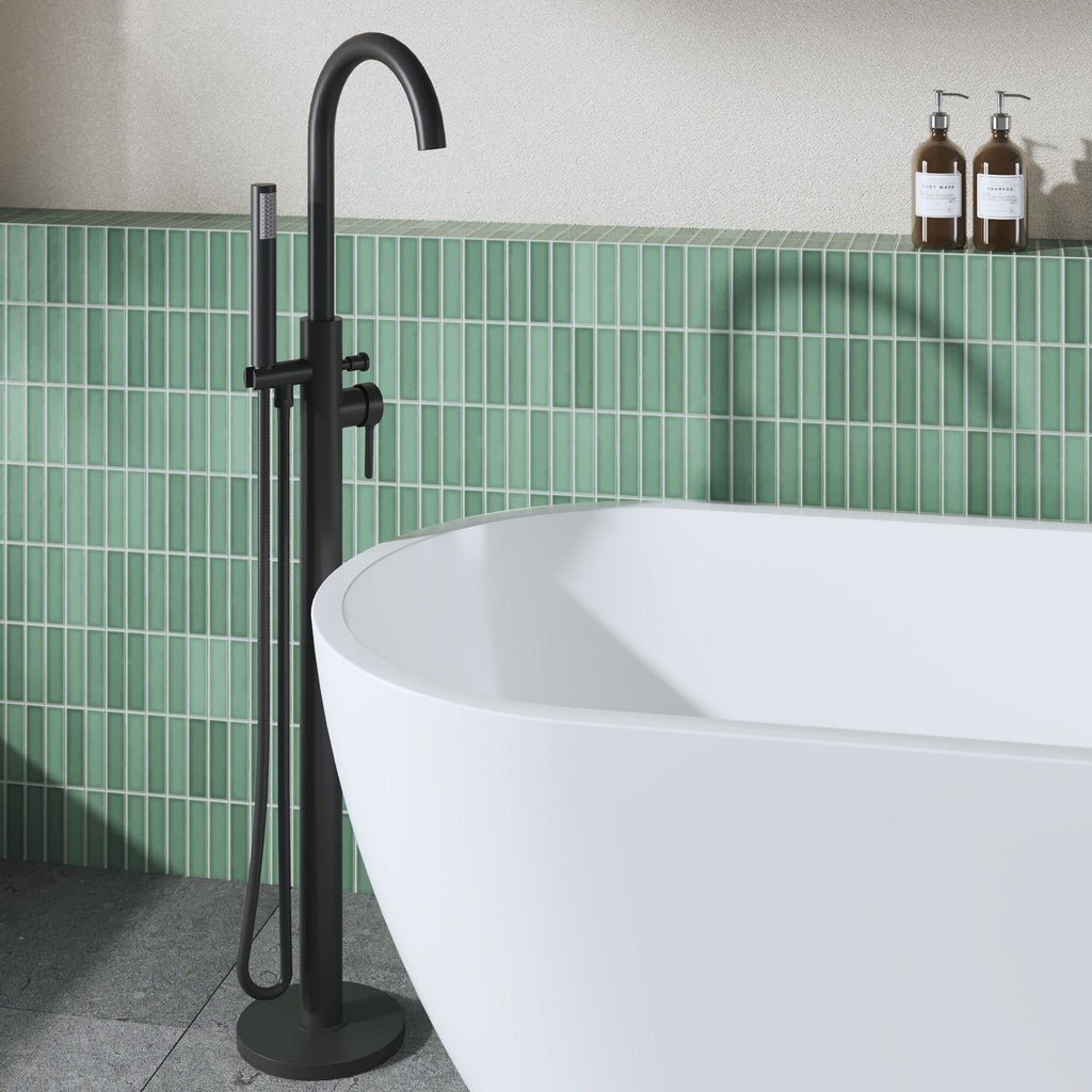 Veda Floor Standing Bath Shower Mixer With Kit Matt Black Contemporary 1 Hole