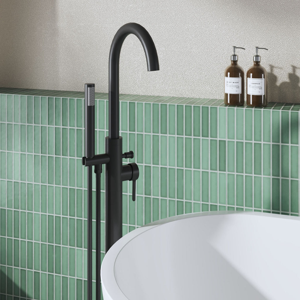 Veda Floor Standing Bath Shower Mixer With Kit Matt Black Contemporary 1 Hole