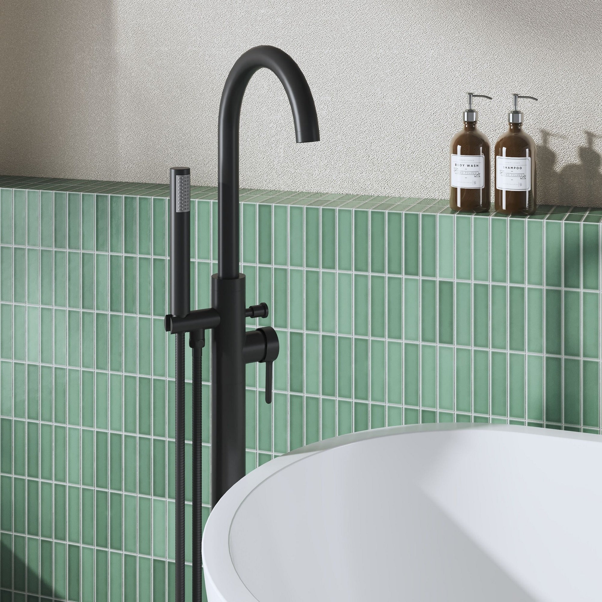 Veda Floor Standing Bath Shower Mixer With Kit Matt Black Contemporary 1 Hole