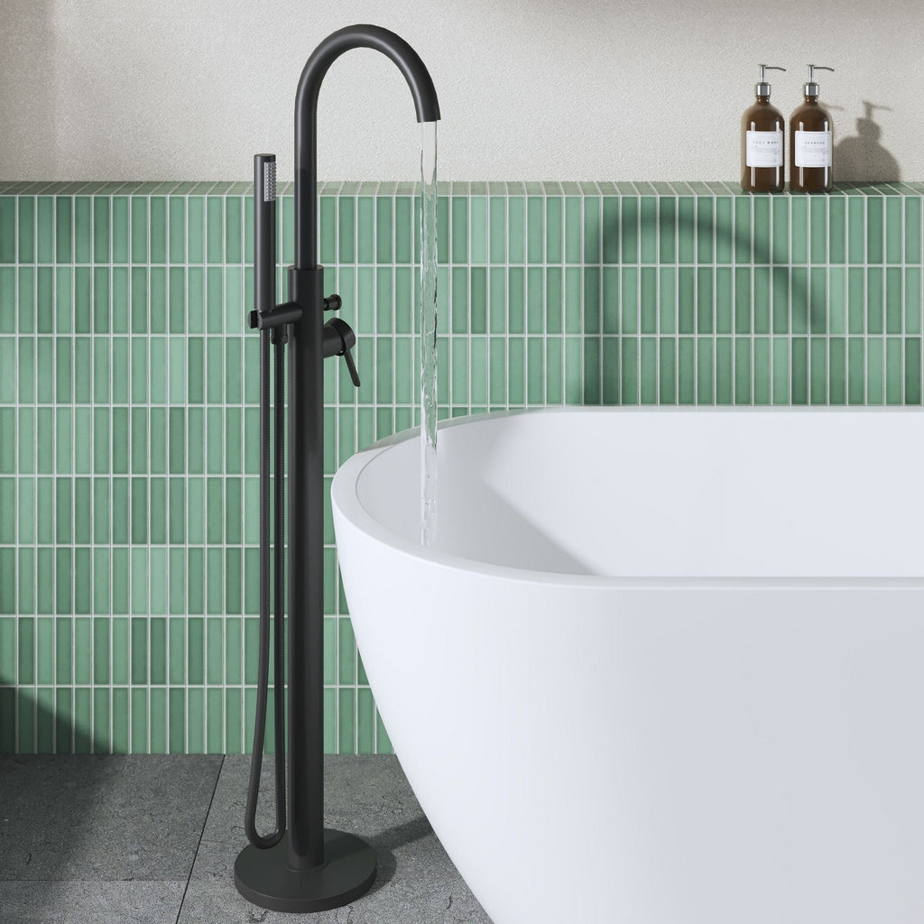 Veda Floor Standing Bath Shower Mixer With Kit Matt Black Contemporary 1 Hole