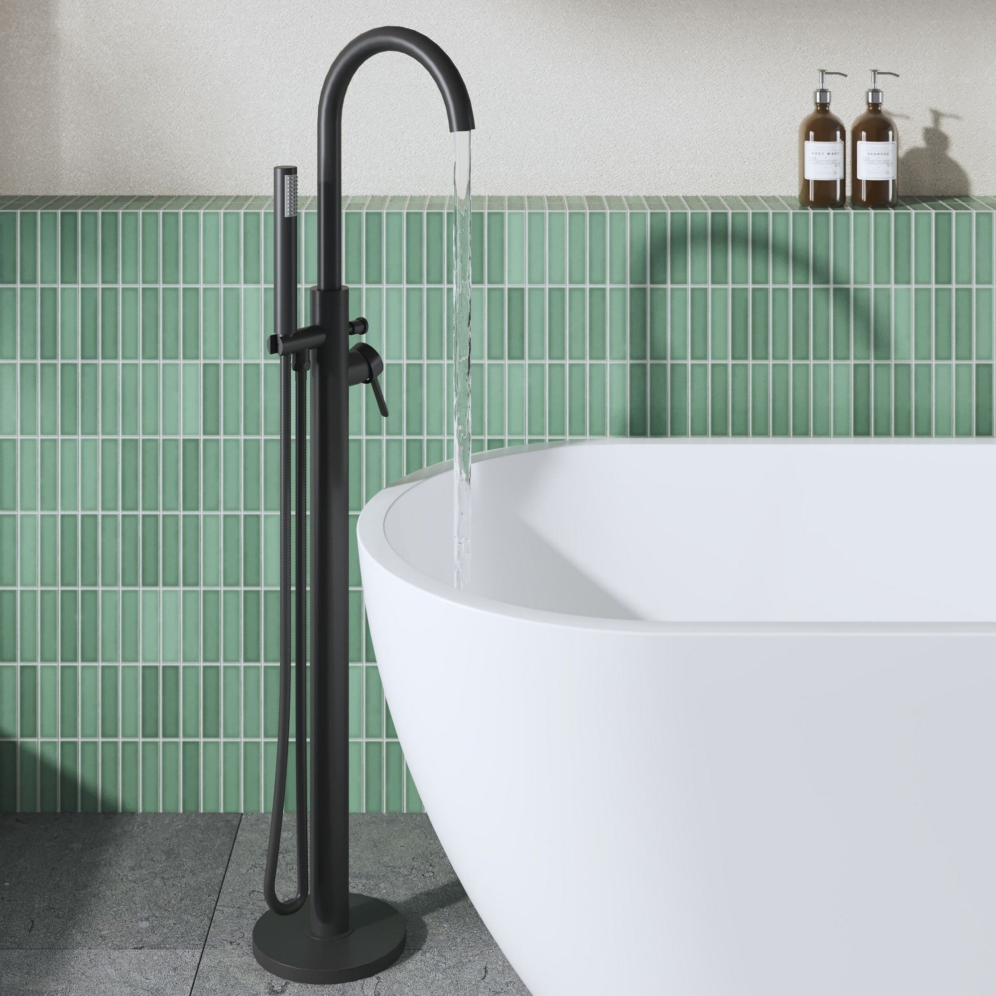 Veda Floor Standing Bath Shower Mixer With Kit Matt Black Contemporary 1 Hole