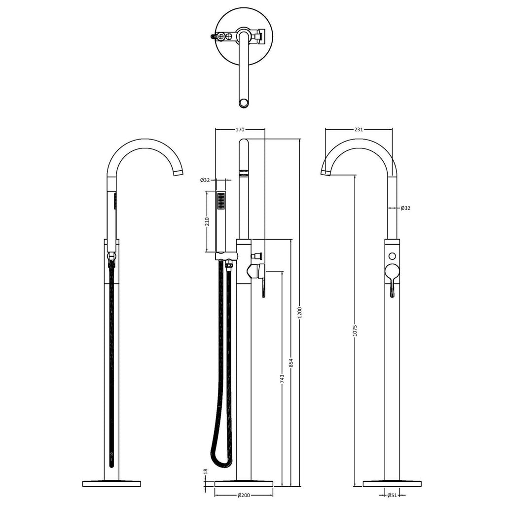 Veda Floor Standing Bath Shower Mixer With Kit Matt Black Contemporary 1 Hole
