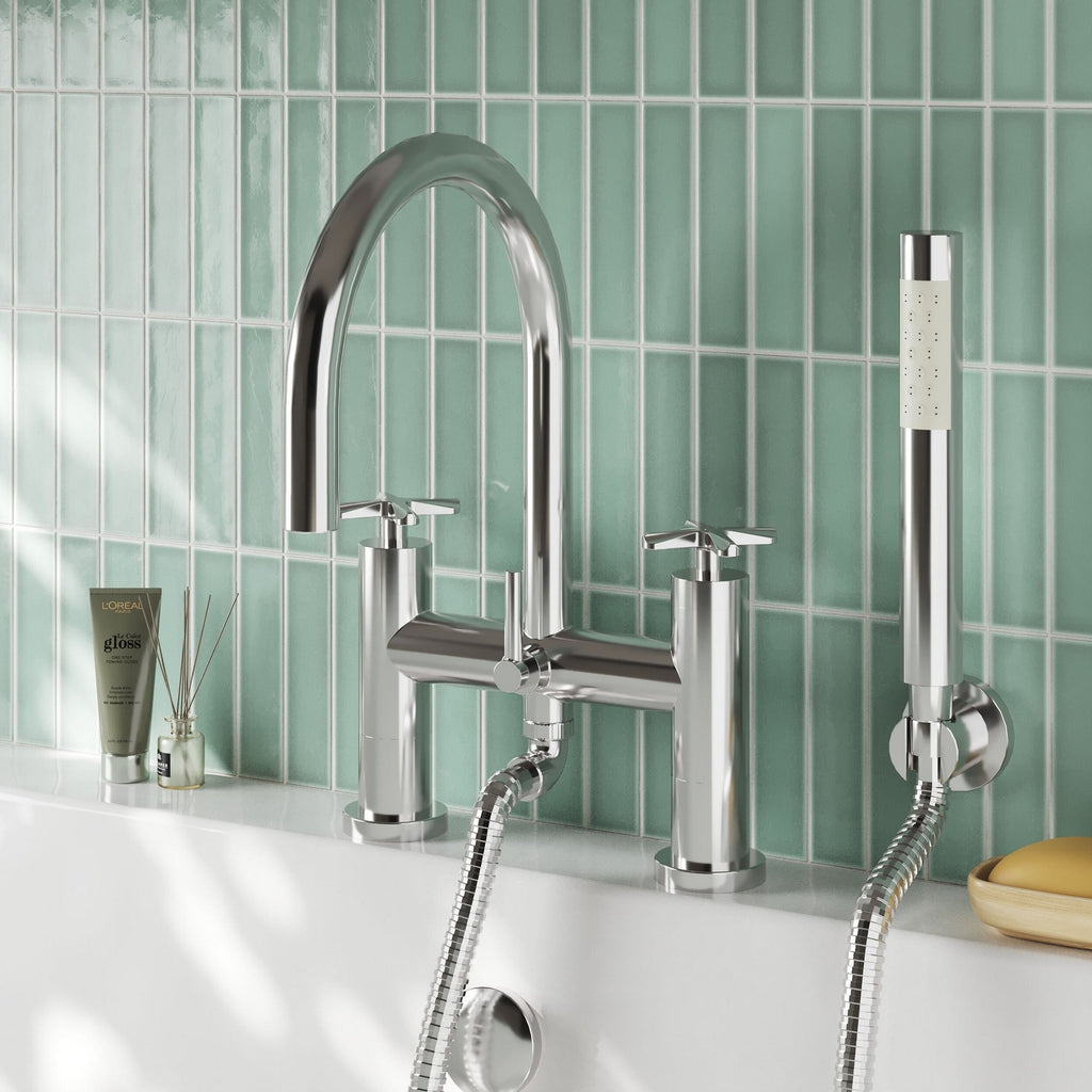 Veda Deck Mount Bath Shower Mixer With Kit Chrome Contemporary 2 Tap Hole