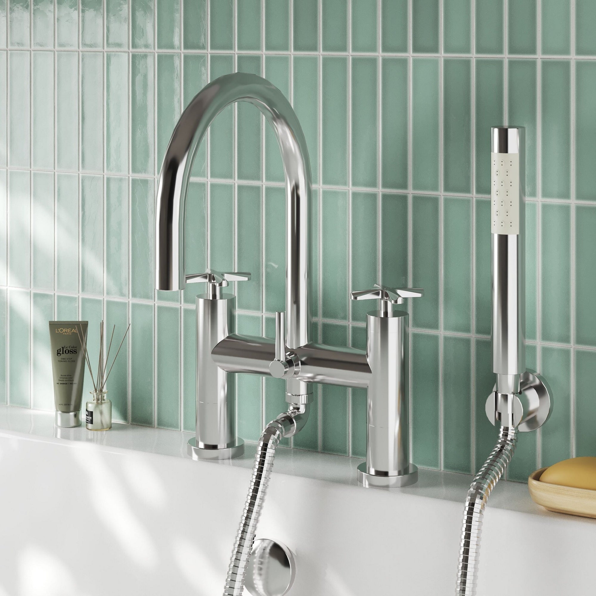 Veda Deck Mount Bath Shower Mixer With Kit Chrome Contemporary 2 Tap Hole