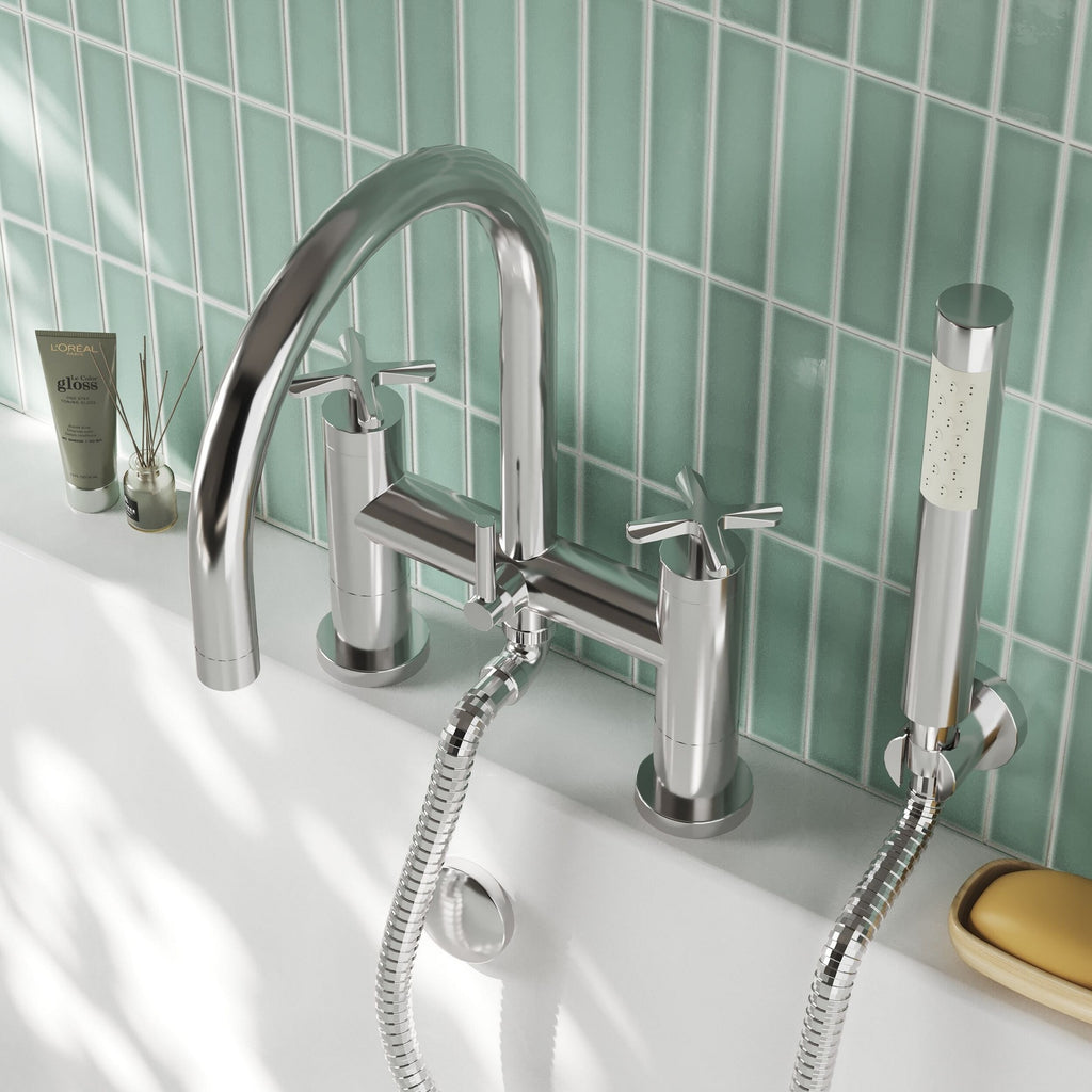 Veda Deck Mount Bath Shower Mixer With Kit Chrome Contemporary 2 Tap Hole