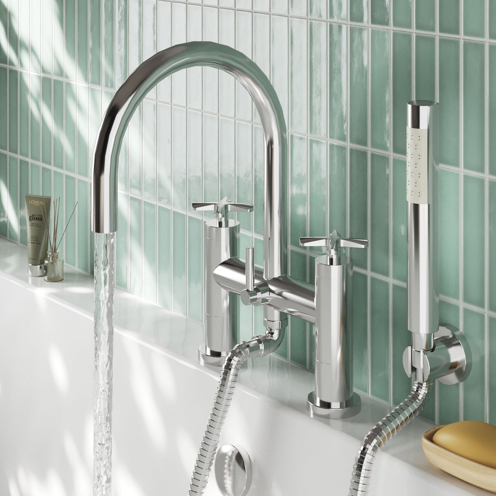 Veda Deck Mount Bath Shower Mixer With Kit Chrome Contemporary 2 Tap Hole