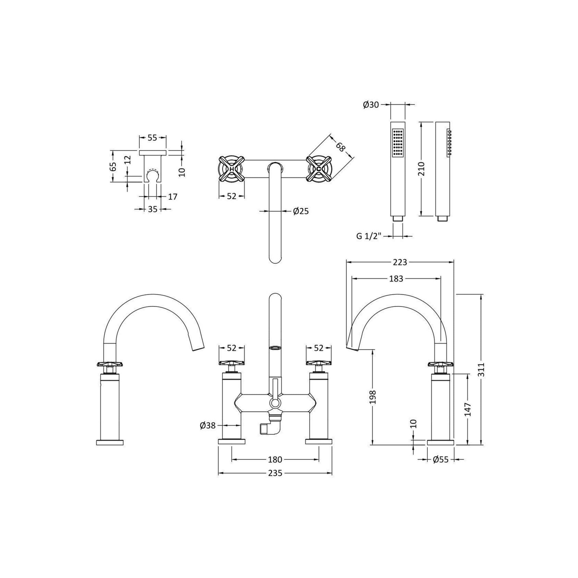 Veda Deck Mount Bath Shower Mixer With Kit Chrome Contemporary 2 Tap Hole