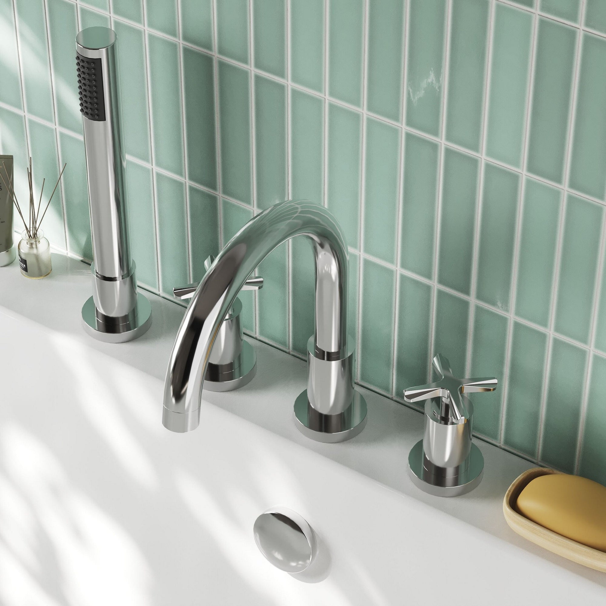 Nuie 4 Tap Hole Bath Mixer Tap With Shower Kit Chrome Contemporary Crosshead