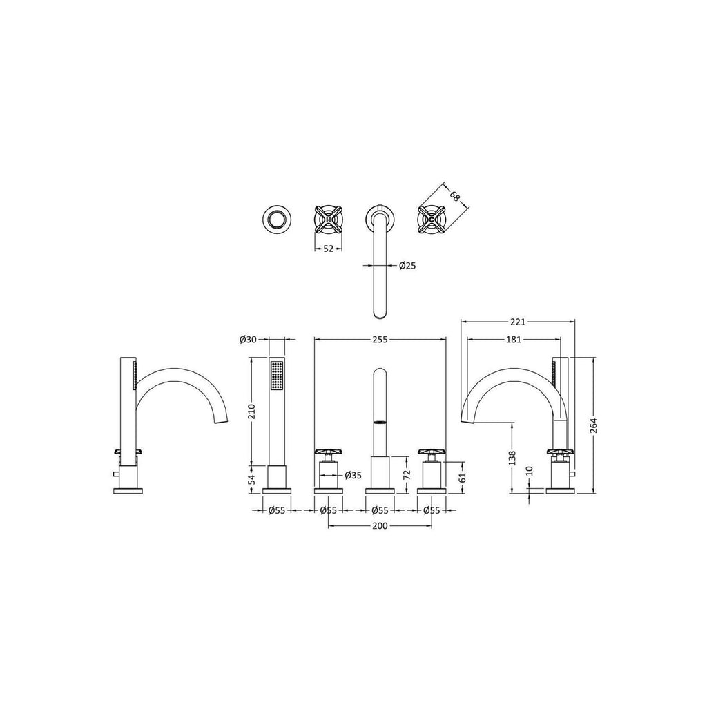 Nuie 4 Tap Hole Bath Mixer Tap With Shower Kit Chrome Contemporary Crosshead